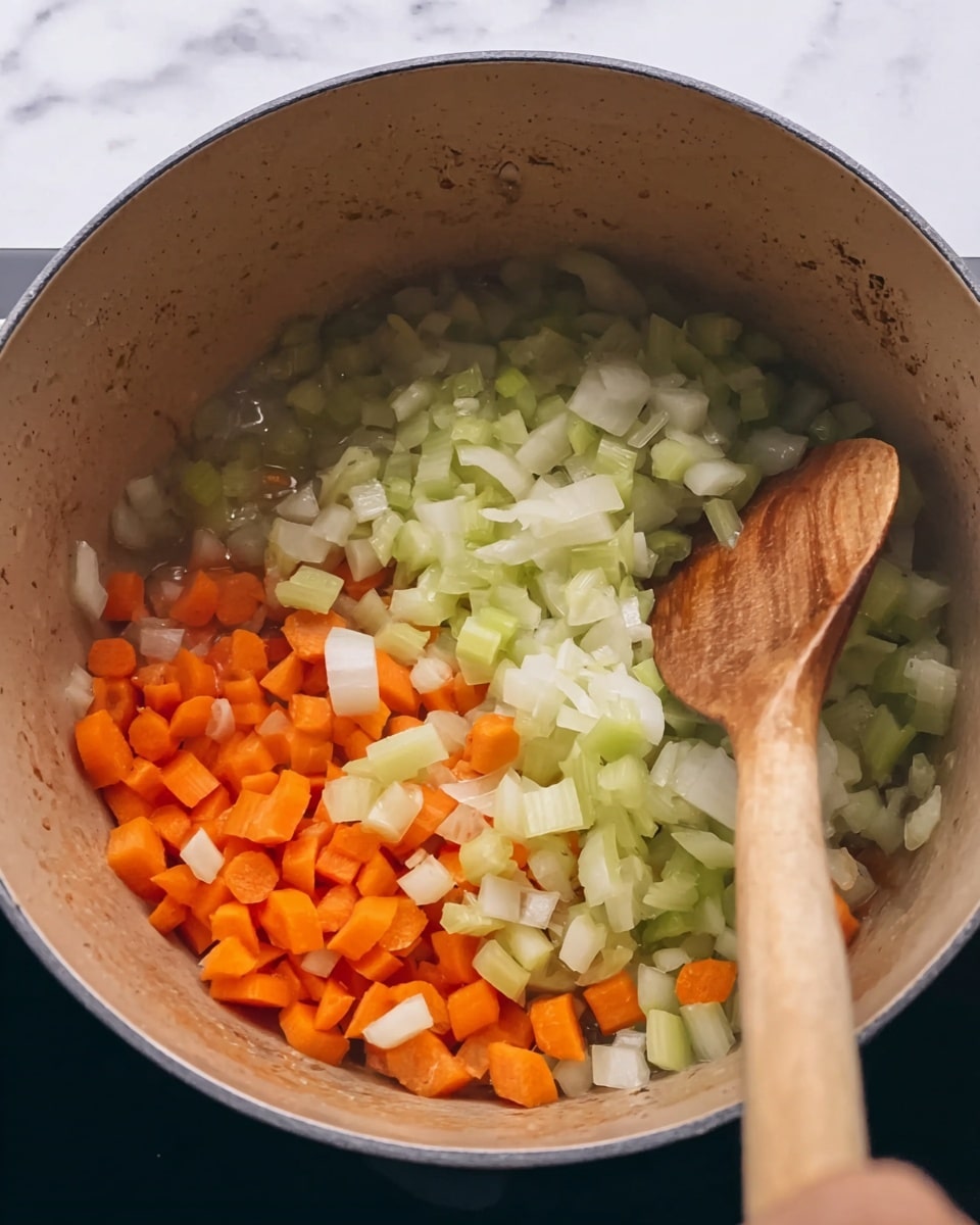 The image shows a close-up of a pot with three layers of chopped vegetables inside. The bottom layer has small orange carrot pieces scattered around. On top of the carrots, there are light green celery slices with a curved texture, and the top layer is made of small white onion chunks. A wooden spoon held by a woman's hand is stirring the vegetables inside the pot. The pot itself has a light brown inside with a slightly worn texture. The surface around the pot is a white marbled texture. photo taken with an iphone --ar 4:5 --v 7