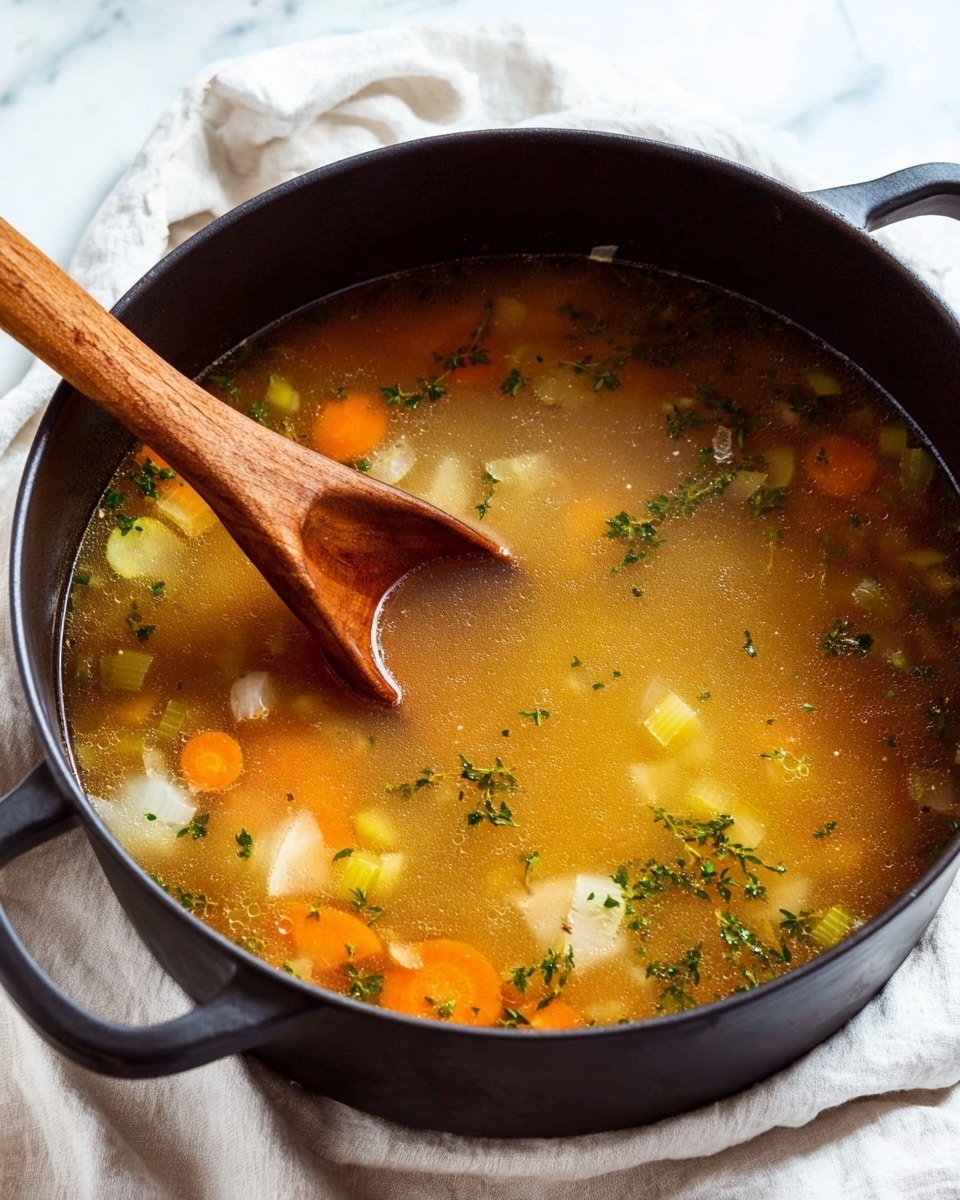 A large black pot filled with clear brown broth that has visible pieces of yellow carrots, white onions, and light green celery floating in it. Small green herbs are spread throughout the broth. A wooden spoon with a smooth texture rests inside the pot, partly submerged in the soup. The pot is placed on a white marbled surface with a white cloth nearby. Photo taken with an iphone --ar 4:5 --v 7