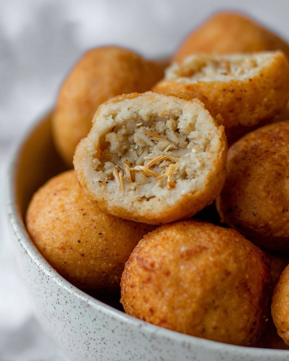 The image shows a close-up view of a bowl filled with round fried snacks. One snack is cut open, revealing two layers: the outer layer is a golden-brown, crispy fried shell with a rough texture, while the inside shows a lighter, crumbly filling with fine strands and specks of seasoning. The bowl is white with a speckled pattern, and the background is a white marbled texture. Photo taken with an iphone --ar 4:5 --v 7