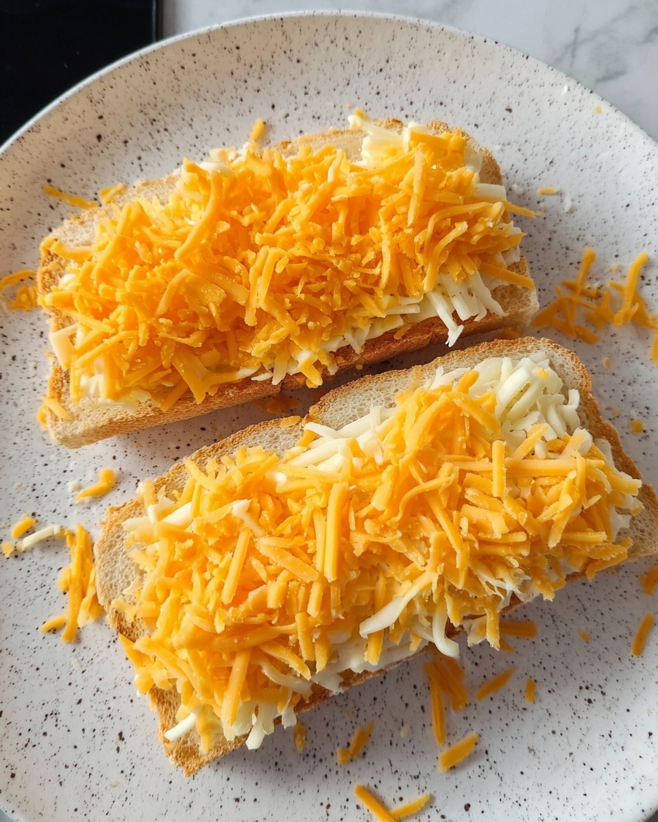 The image shows two long, rectangular slices of bread on a white speckled plate, each topped with two layers of shredded cheese. The bottom layer of cheese is white and stringy, covering the bread fully, while the top layer is bright orange and equally spread over the white cheese. The plate sits on a white marbled surface, and the cheese layers have a rough, uneven texture with some cheese scattered around the plate. photo taken with an iphone --ar 4:5 --v 7