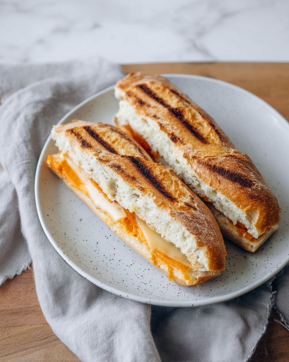 Two toasted sandwiches are placed on a white plate with small black speckles. Each sandwich is made with a golden brown baguette, showing grill marks on the top crust. Inside, there is a layer of melted orange cheese and a layer of light-colored melted cheese, visible from the open ends. The plate rests on a wooden surface with a soft, light gray cloth casually placed next to it. The background is a white marbled texture. photo taken with an iphone --ar 4:5 --v 7