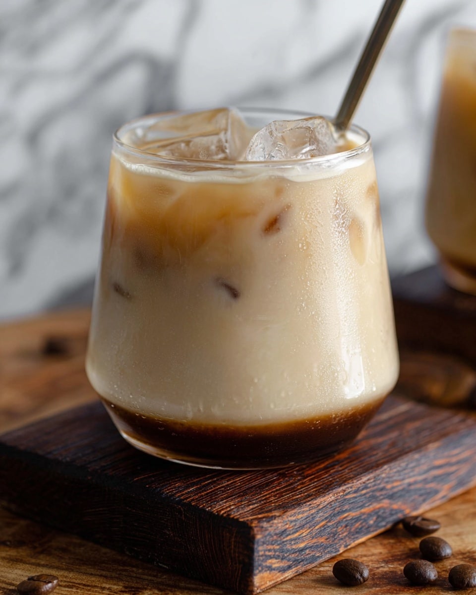 A close-up view of a short, clear glass filled with a creamy iced coffee drink, showing three visible layers: a thin dark brown coffee layer at the bottom, a thick light beige creamy middle layer, and a slightly frothy light tan top layer with ice cubes floating inside. The glass sits on a dark wooden square coaster placed on a wooden surface with coffee beans scattered around. The background is a white marbled texture. A metal spoon is inside the glass, partially visible at the top. Photo taken with an iphone --ar 4:5 --v 7
