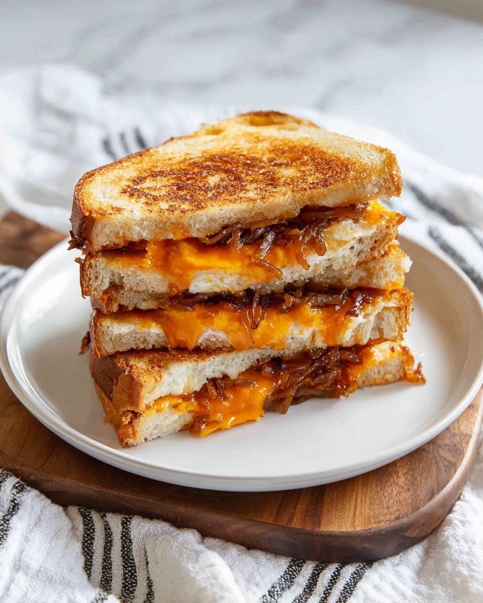 A grilled sandwich is stacked in two halves on a white plate, showing three layers of toasted golden-brown bread with a slightly crispy texture. Between the bread layers, there is a bright orange melted cheese filling with a stringy texture, mixed with small pieces of browned caramelized onions. The sandwich sits on a wooden board that rests on a white marbled surface covered partly with a white cloth that has black stripes. The photo taken with an iphone --ar 4:5 --v 7