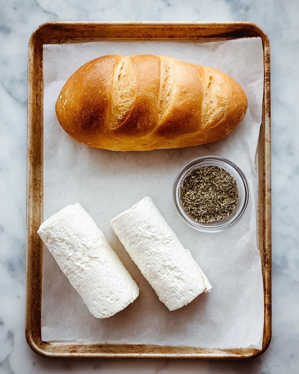 A baking tray lined with white parchment paper sits on a white marbled surface. On the tray, there is a small loaf of bread with a golden brown crust, showing four curved cuts on top. Next to the bread are two thick white rounds of soft cheese that have a crumbly texture on their ends. Between the bread and the cheese, there is a small clear glass bowl filled with greenish dried herbs. photo taken with an iphone --ar 4:5 --v 7