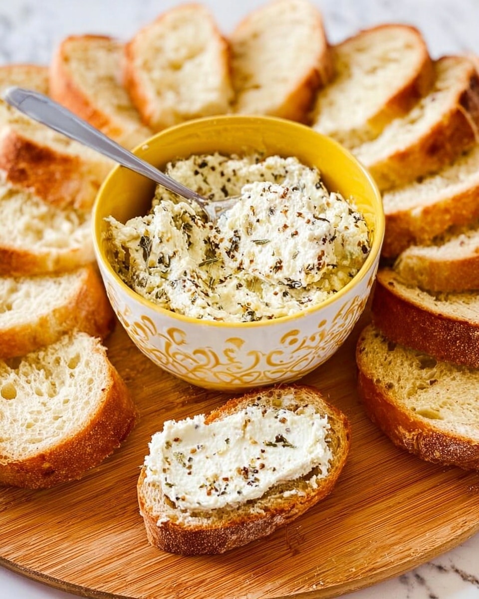 The image shows a small white bowl with yellow patterns, filled with soft white cheese mixed with herbs and spices. A silver spoon rests inside the bowl, slightly lifting some cheese. Around the bowl, there are slices of light golden bread arranged in a circle on a wooden board, with one slice spread with the cheese mixture. The background is a white marbled surface. Photo taken with an iphone --ar 4:5 --v 7