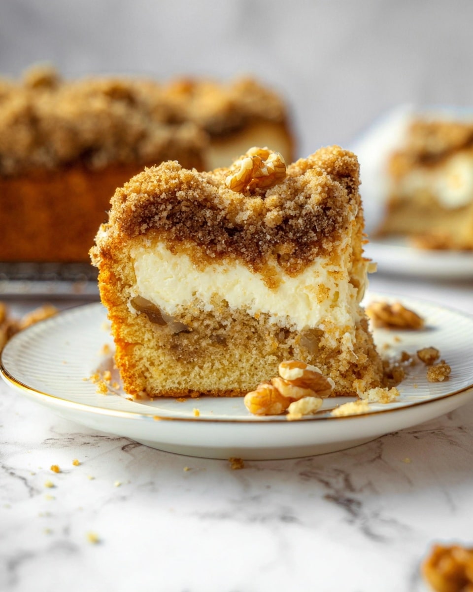 The image shows a close-up of a square slice of crumbly cake with three distinct layers on a white plate with a thin gold rim, resting on a white marbled surface. The bottom layer is a moist cake base with a dense texture and bits of walnuts embedded in it. The middle layer is a creamy white filling, smooth and thick, slightly uneven but clearly separate from the cake. The top layer is a crumbly, coarse streusel topping, golden brown in color with small walnut pieces visible. In the background, a blurred pear and another piece of the same cake can be seen, creating a soft depth effect. A silver fork rests diagonally on the plate behind the cake slice. Photo taken with an iphone --ar 4:5 --v 7