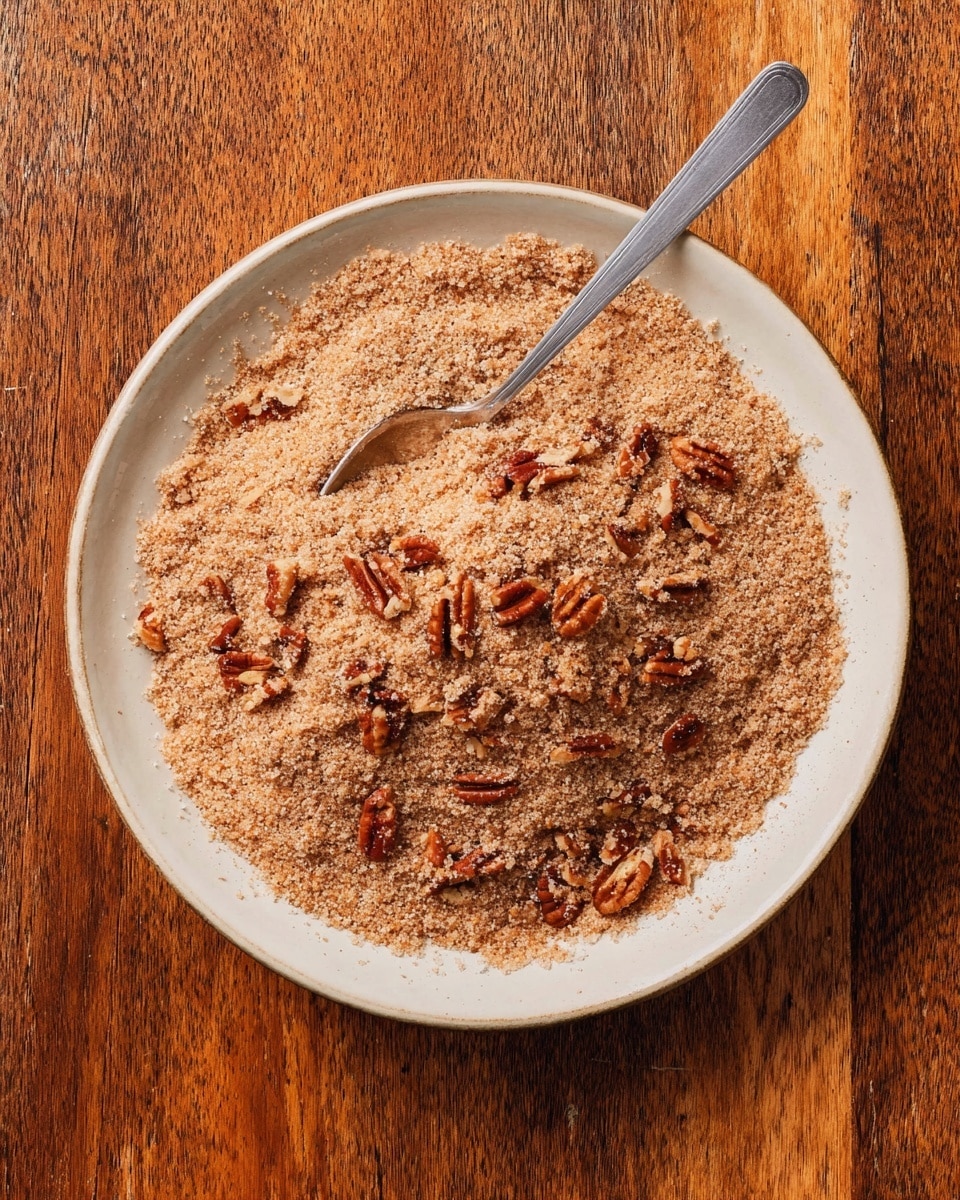 A shallow white ceramic plate filled with a crumbly mixture of light brown sugar and cinnamon, mixed with scattered small pieces of dark brown pecans spread evenly throughout. A silver spoon with a matte finish is placed diagonally inside the mixture, its handle leaning toward the top right edge of the plate. The plate is set on a warm brown textured wood surface. photo taken with an iphone --ar 4:5 --v 7