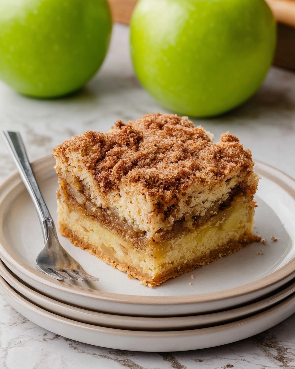 A square piece of cake sits on a stack of two white plates, showing three visible layers: the bottom is a golden brown crust, the middle is a dense, moist yellow cake with bits of fruit or nuts, and the top is a thick crumbly layer in light brown with a rough texture. A silver fork rests on the plates to the left of the cake. In the background, two shiny green apples are placed on a white marbled surface. The photo taken with an iphone --ar 4:5 --v 7