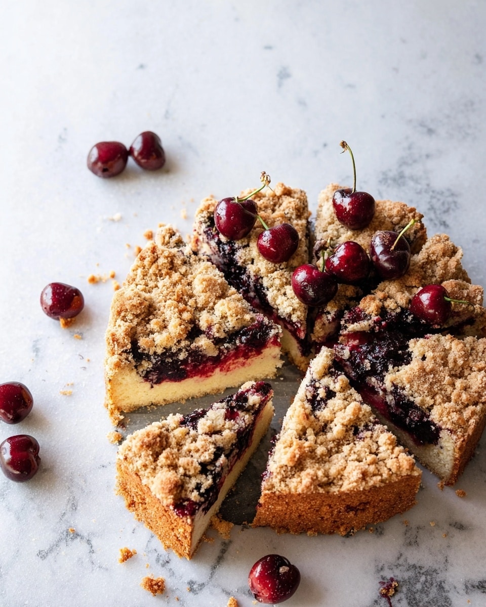 A round cherry crumb cake sliced into eight pieces sits on a white marbled surface. The cake has three visible layers: a golden brown crumb topping with a rough, crumbly texture on top, a thick layer of dark red and black cherry filling just below, and a light yellow, soft cake base at the bottom. One slice is pulled slightly out from the circle, showing the side layers clearly. Fresh dark red cherries with stems are scattered around the cake on the white marbled surface. Photo taken with an iphone --ar 4:5 --v 7