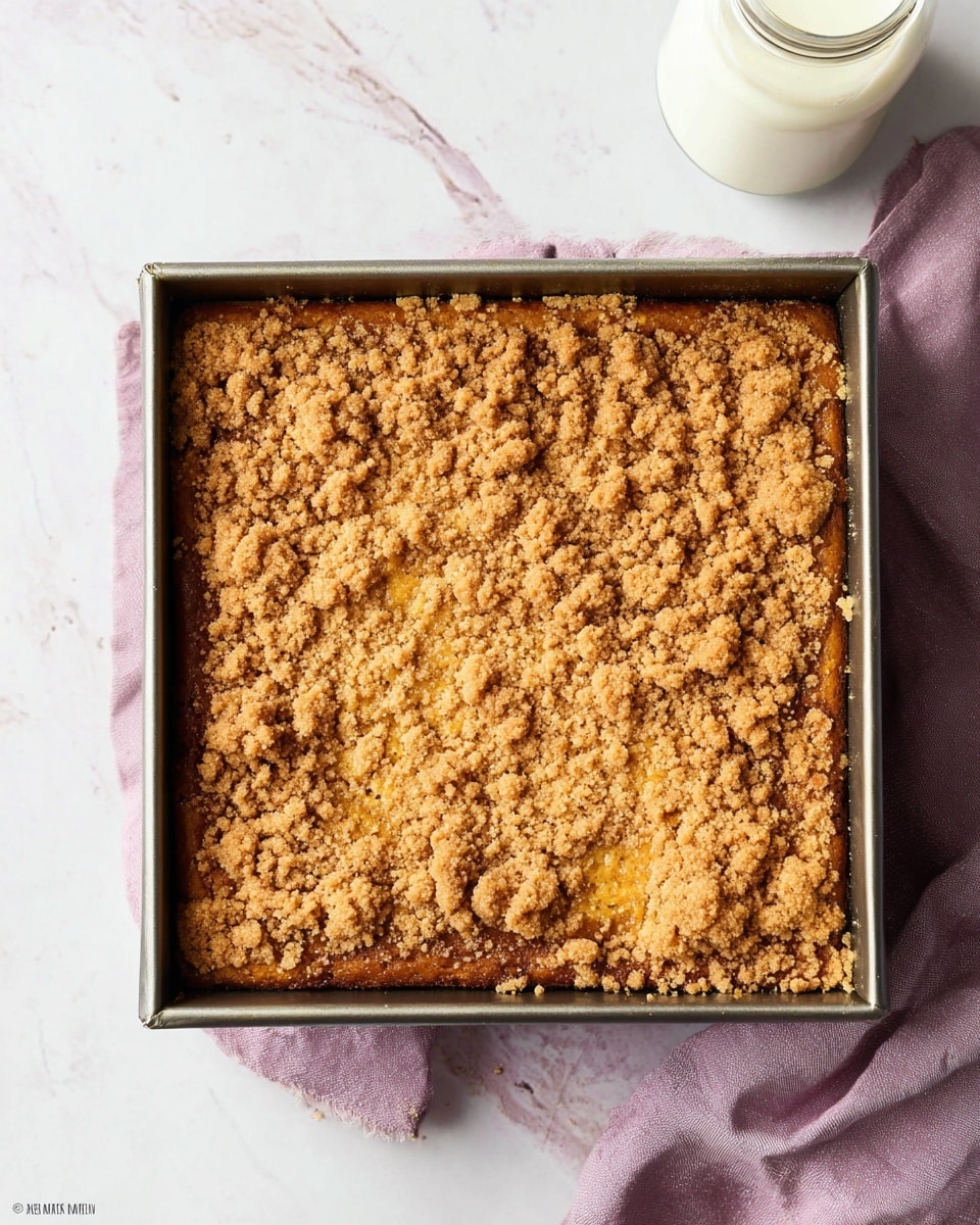 A baked square cake in a silver metal pan with a crumbly golden brown topping that covers the whole surface, showing a rough texture with small and medium crumbs scattered evenly. The cake underneath has a rich golden brown color, visible around the edges where the crumb topping is less dense. The pan is placed on a white marbled surface with a soft purple cloth partly underneath it and a clear glass jar with a white liquid in the top right corner. Photo taken with an iphone --ar 4:5 --v 7