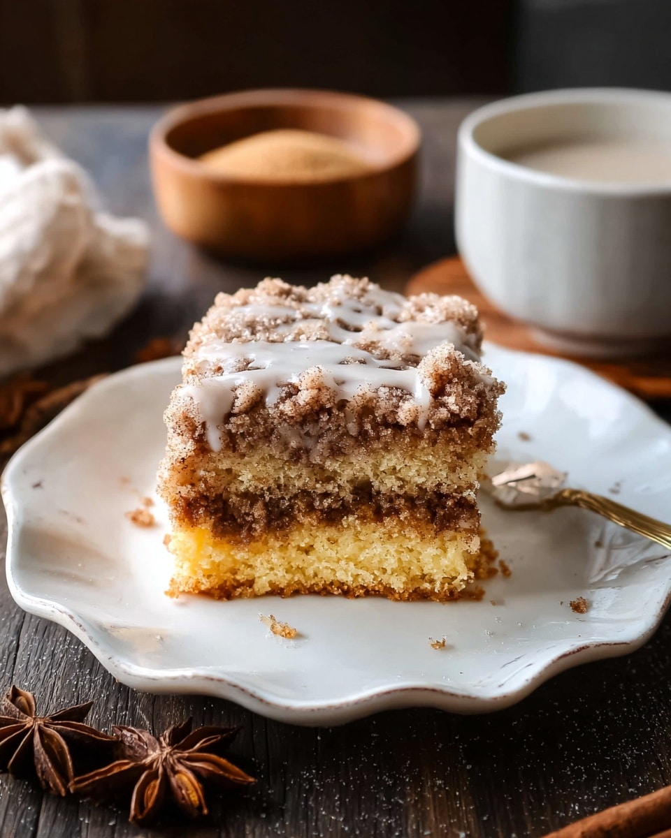 A square piece of cinnamon crumb cake sits in the center of a white plate with scalloped edges, showing three visible layers: a golden-yellow cake base, a medium-brown crumbly cinnamon filling in the middle, and a top layer of crumb with light brown and beige shades, covered with a light drizzle of white icing. The plate is on a dark wooden surface with some star anise scattered on the side. In the background, there is a white cup filled with a creamy drink and a wooden bowl with brown sugar, both slightly out of focus. Photo taken with an iphone --ar 4:5 --v 7