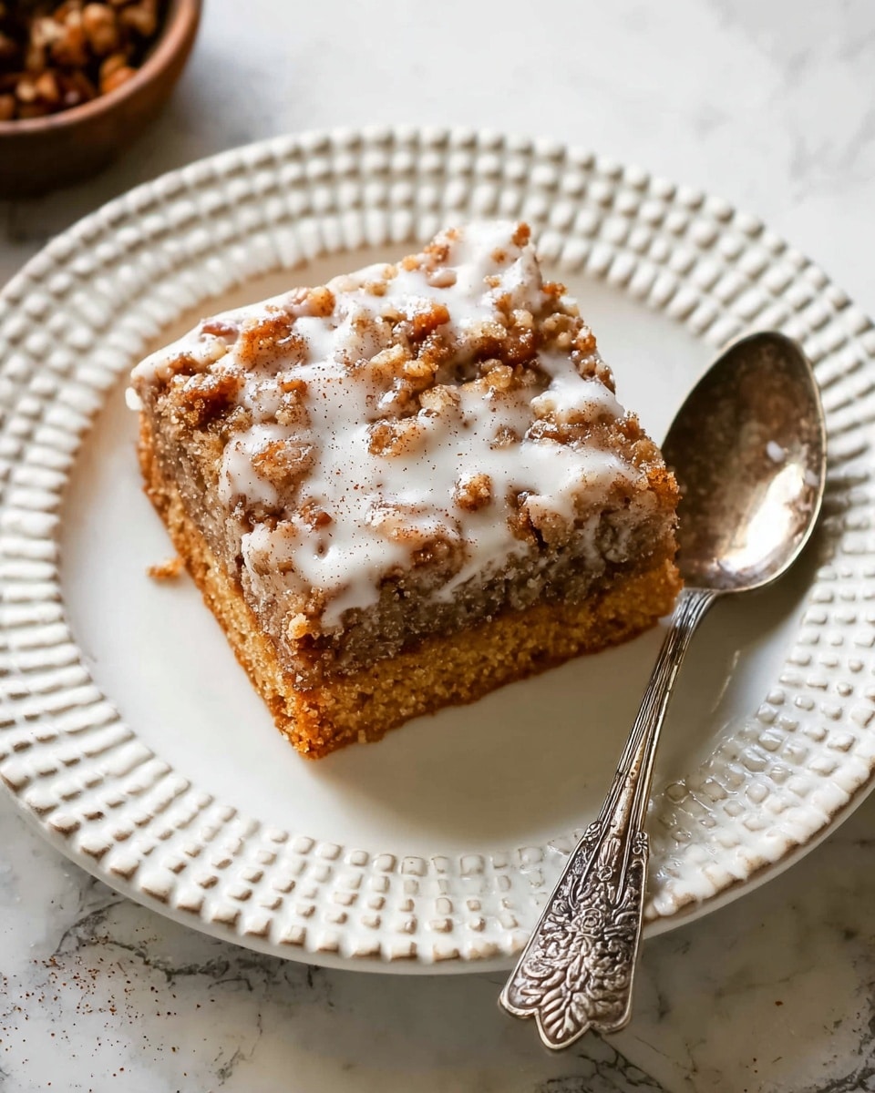 A single square slice of cinnamon coffee cake sits center on a white, scalloped plate with a textured pattern. The cake has three main layers: the bottom is a golden-brown cake base, the middle is a thick layer of chunky cinnamon nut streusel with small nut pieces visible, and the top is a light drizzle of white icing that partially covers the streusel, adding a slight shimmer. To the right of the cake, an ornate silver spoon rests on the plate, reflecting the light with a slightly worn shine. The background is a white marbled surface. Photo taken with an iphone --ar 4:5 --v 7