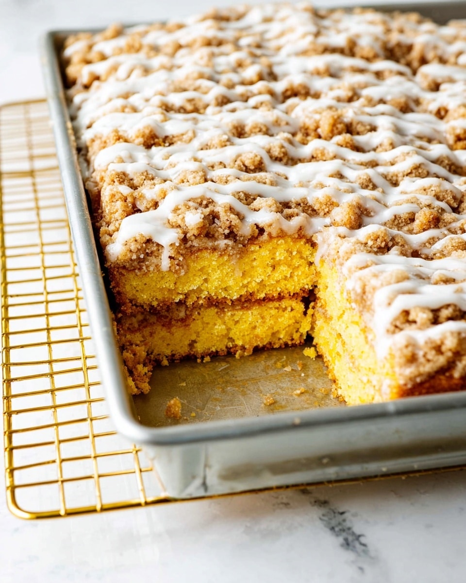 A rectangular metal pan holds a layered dessert with two thick yellow cake layers stacked on top of each other. The top layer is covered with a crumbly brown streusel topping that is drizzled generously with white icing in a web-like pattern. A square piece is taken out from the corner, showing the soft, moist texture of the cake and revealing the distinct separation of the two yellow layers inside. The pan is placed on a golden wire rack with a white marbled surface underneath. photo taken with an iphone --ar 4:5 --v 7
