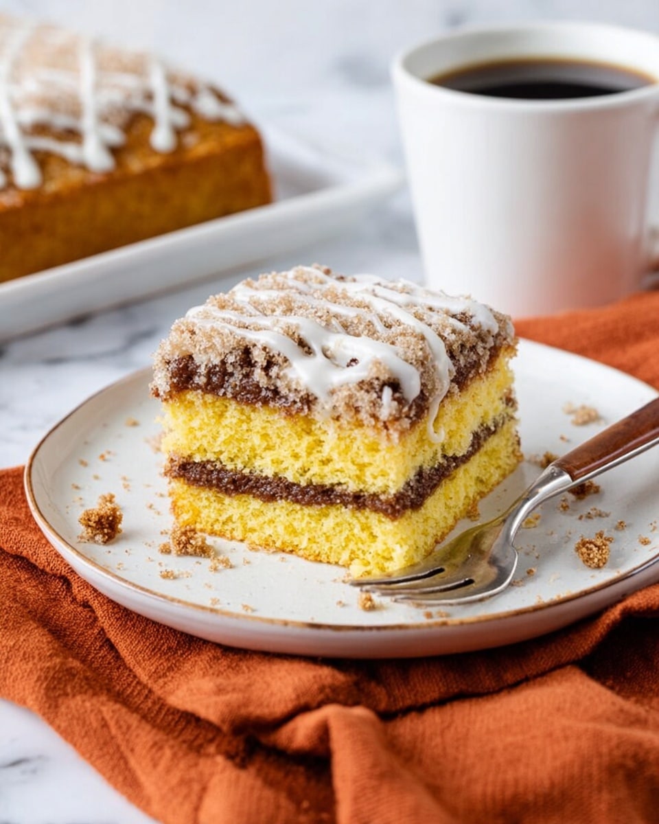 The image shows a square piece of yellow cake with two layers, separated by a thin brown filling. On top, there is a crumbly brown layer with white icing drizzled unevenly. The cake is placed on a plain white plate, with some crumbs scattered around it. A silver fork lies on the right side of the plate. The plate sits on an orange cloth on a white marbled surface. In the background, there is a white cup filled with dark coffee. photo taken with an iphone --ar 4:5 --v 7