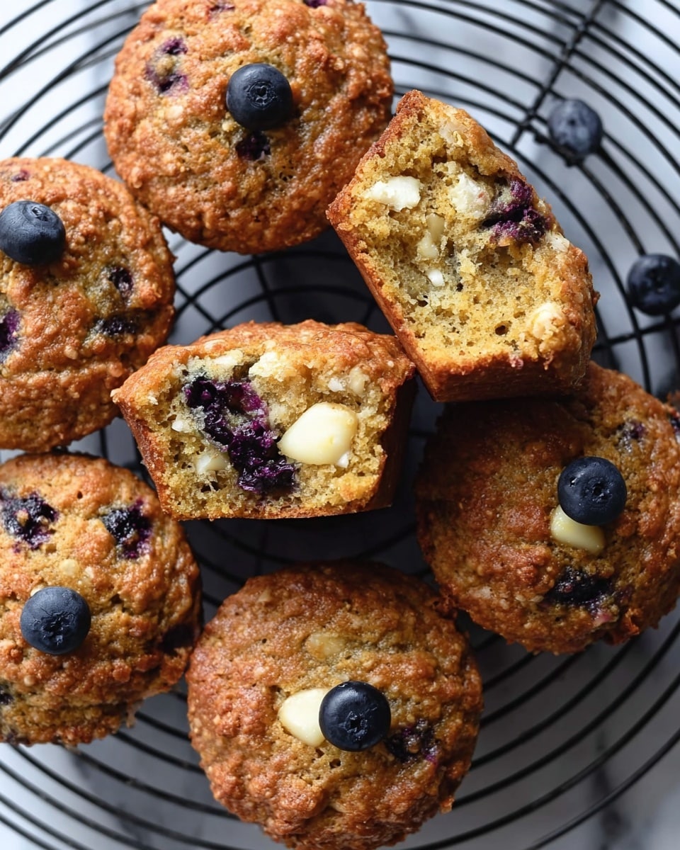 The image shows a group of round blueberry muffins with a rough, crumbly golden-brown top texture. One muffin is broken in half and held above the rest, revealing a soft, moist inside with embedded blueberries and melted butter, which appear as dark purple and glossy yellow spots. The muffins are arranged on a black wire cooling rack that is placed on a white marbled surface. Each muffin has a few blueberries on top, giving a pretty touch. photo taken with an iphone --ar 4:5 --v 7