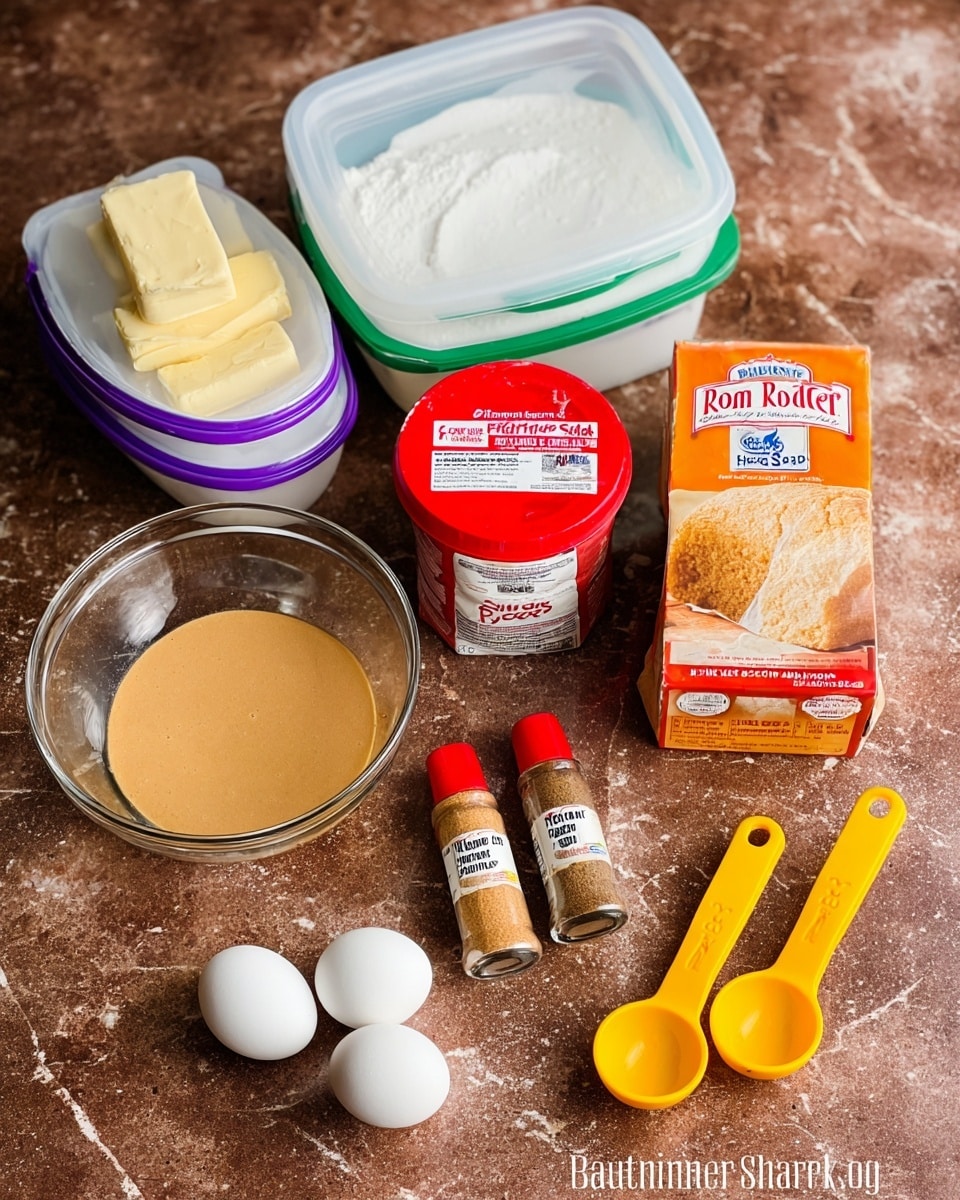 The image shows various baking ingredients arranged neatly on a brown granite surface with a white marbled texture background. In the front, two white eggs rest near two yellow measuring spoons, one large and one small. To the right, there is a brown paper bag of golden brown cane sugar partially opened, and next to it is an orange box of baking soda. In the middle is a red and white container of Rumford baking powder, and two small seasoning bottles, one labeled ground nutmeg, with red caps. To the left side, a transparent glass bowl filled with a smooth, light brown mixture is placed beside two sticks of butter wrapped in yellow paper. In the back, two large plastic containers with white lids—one with a purple rim and the other with a green rim—are visible. The photo taken with an iphone --ar 4:5 --v 7