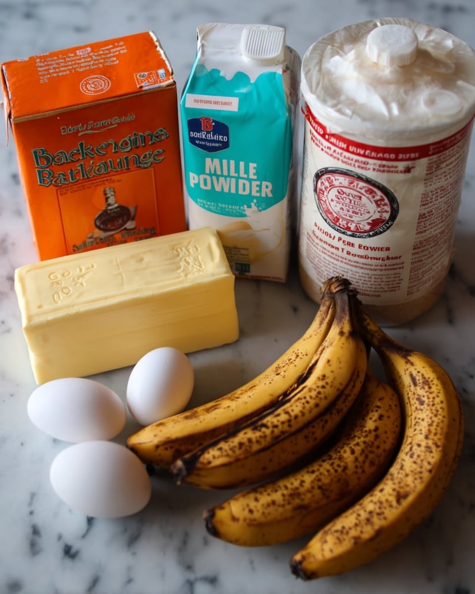 The image shows baking ingredients arranged on a white marbled surface. There is a box of orange baking soda on the left, with two white eggs in front of it. Next to the eggs is a yellow stick of salted organic butter. Behind the butter, there is a carton of milk with a teal top and white lower part. To the right of the milk, a white container of double-acting baking powder displays a red and black label. Three ripe bananas with brown spots lay in front of a bottle of pure vanilla extract, which has a light brown liquid inside and a cream-colored label. On the far right, there is a bag of light brown sugar. photo taken with an iphone --ar 4:5 --v 7