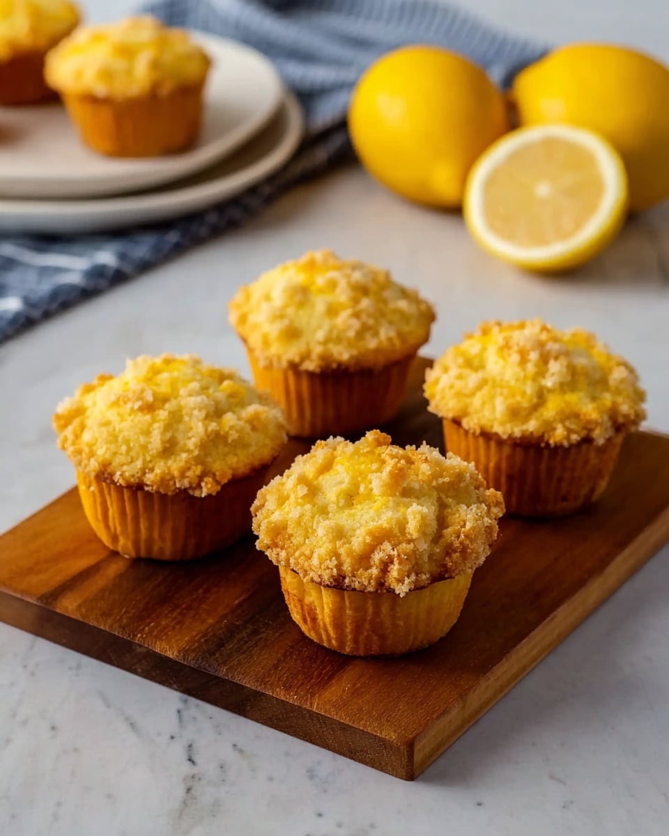 Four golden yellow muffins with crumbly tops sit closely together on a small wooden cutting board with a dark brown color. The muffins have a slightly rough texture on top with small lumps of crumb. Behind the board, there is a white plate with more muffins, and to the right, two halved yellow lemons are positioned near a blue-striped white cloth on a white marbled surface. The whole setting is bright and clean. Photo taken with an iphone --ar 4:5 --v 7