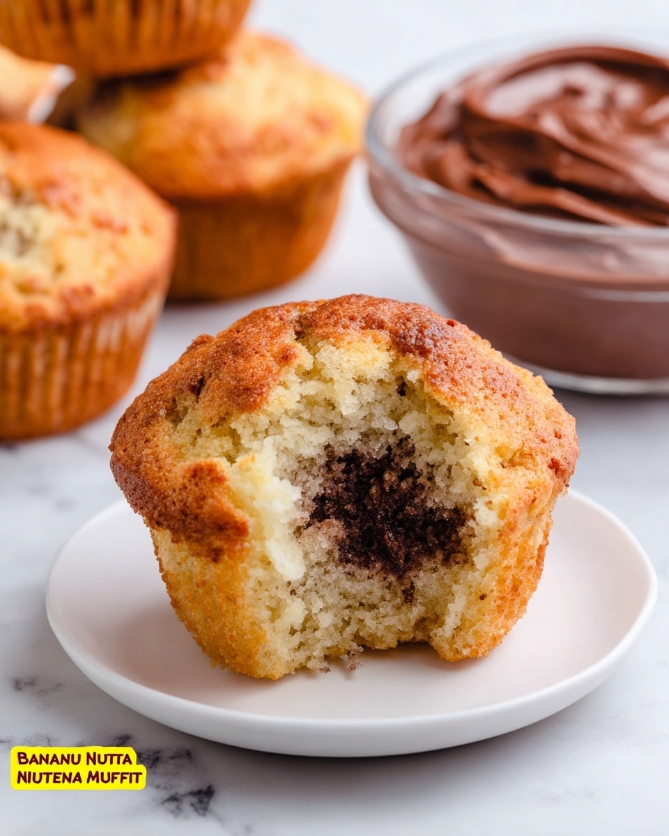 The image shows a close-up of a single banana muffin with a bite taken out of the front center, revealing a dark Nutella filling inside. The muffin has a golden brown top with a slightly rough texture and lighter, spongy sides with small air holes. Behind it, two more muffins with the same golden brown tops and lighter sides are slightly out of focus. To the right in the background, there is a small clear glass bowl with a swirl of chocolate spread. All items are placed on a smooth white plate set on a white marbled surface. Photo taken with an iphone --ar 4:5 --v 7