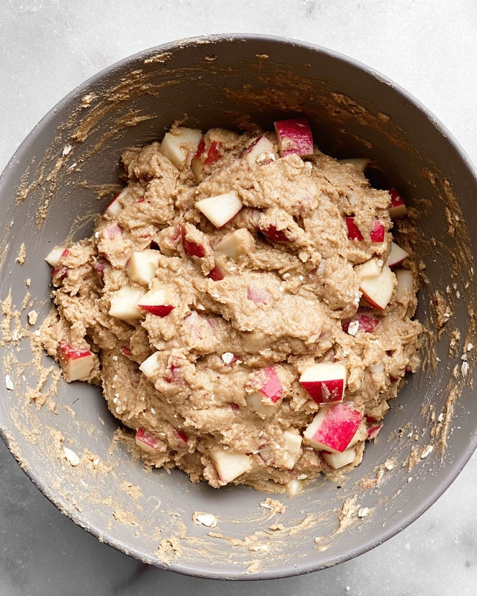 The image shows a thick, chunky dough mix in a bowl with visible pieces of chopped apple blended throughout. The dough has a light brown color with a rough, textured surface, and small white bits are scattered evenly inside it. The apples are cut into small blocks with red skin on the edges, giving contrast to the batter. The bowl is gray and the edges of the dough are somewhat uneven, showing it is freshly mixed. The background surface is a white marbled texture. photo taken with an iphone --ar 4:5 --v 7