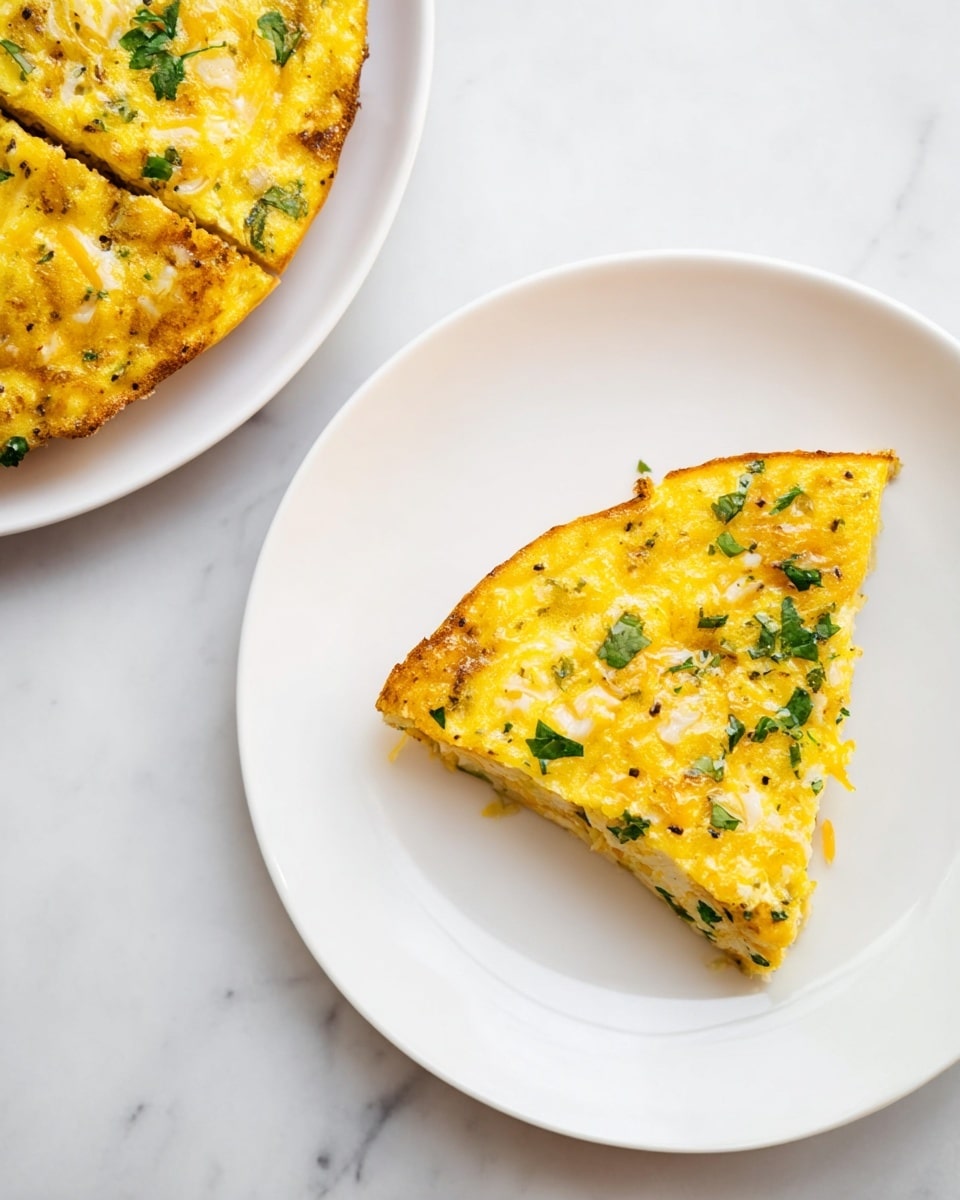 A slice of a golden yellow egg dish with a slightly browned top is placed to the right side of a simple white plate. The egg layer looks fluffy and mixed with melted cheese and small green herb pieces scattered across the surface. The whole dish is partly visible to the left on a matching white plate, showing more of the same yellow, cheese, and herbs mix, with a slightly crusty edge. The plates rest on a white marbled surface that gives a clean and bright look. photo taken with an iphone --ar 4:5 --v 7