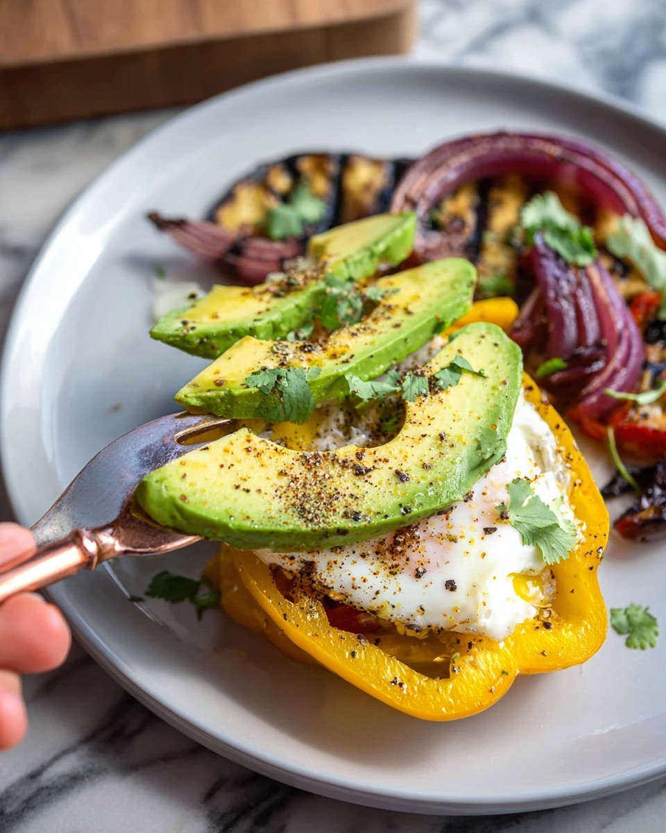 The dish shows one yellow bell pepper ring at the base, lightly cooked, holding a fried egg with the white fully set and the yolk soft, topped with small bits of green cilantro. On top of the egg, there are three wide slices of fresh avocado, sprinkled with a dark seasoning, probably black pepper or chili powder. Behind the avocado, there are grilled red onion slices and some other grilled vegetables with a slightly charred look. The food is on a white plate placed on a white marbled surface. A woman's hand fork with a black and copper handle is lifting some of the grilled vegetables from the plate. Photo taken with an iphone --ar 4:5 --v 7