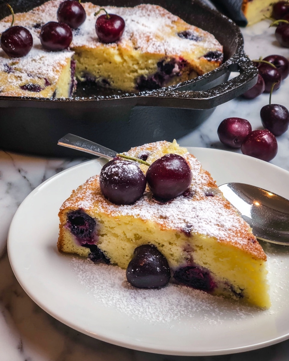 A slice of yellow cake with dark purple cherries mixed inside sits on a white plate, dusted with white powdered sugar on top, and two whole cherries placed near the top edge of the slice. The cake has a soft, slightly spongy texture and a golden-brown top layer. Underneath, the cherries create uneven dark spots within the cake. A silver spoon is placed diagonally behind the slice on the plate. The plate rests on a white marbled surface, and in the background, a dark cast iron pan holds the remaining cake, showing the same layered texture with powdered sugar sprinkled on top. Extra cherries are scattered around the pan and plate. photo taken with an iphone --ar 4:5 --v 7