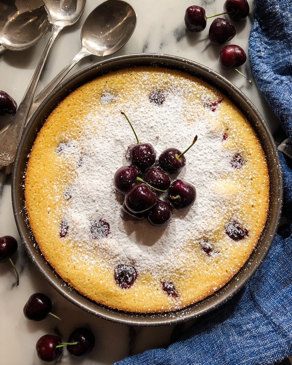 A round, golden-yellow cake with a soft texture sits in a dark metal pan. The top layer of the cake is dusted unevenly with white powdered sugar, giving it a light, snowy look. Scattered within the cake are dark red cherries peeking through the top layer. At the center, there is a small pile of fresh dark cherries with green stems, adding a pop of rich color. The pan rests on a white marbled surface, with some silver spoons and dark cherries nearby, and a blue and white cloth to the right. Photo taken with an iphone --ar 4:5 --v 7