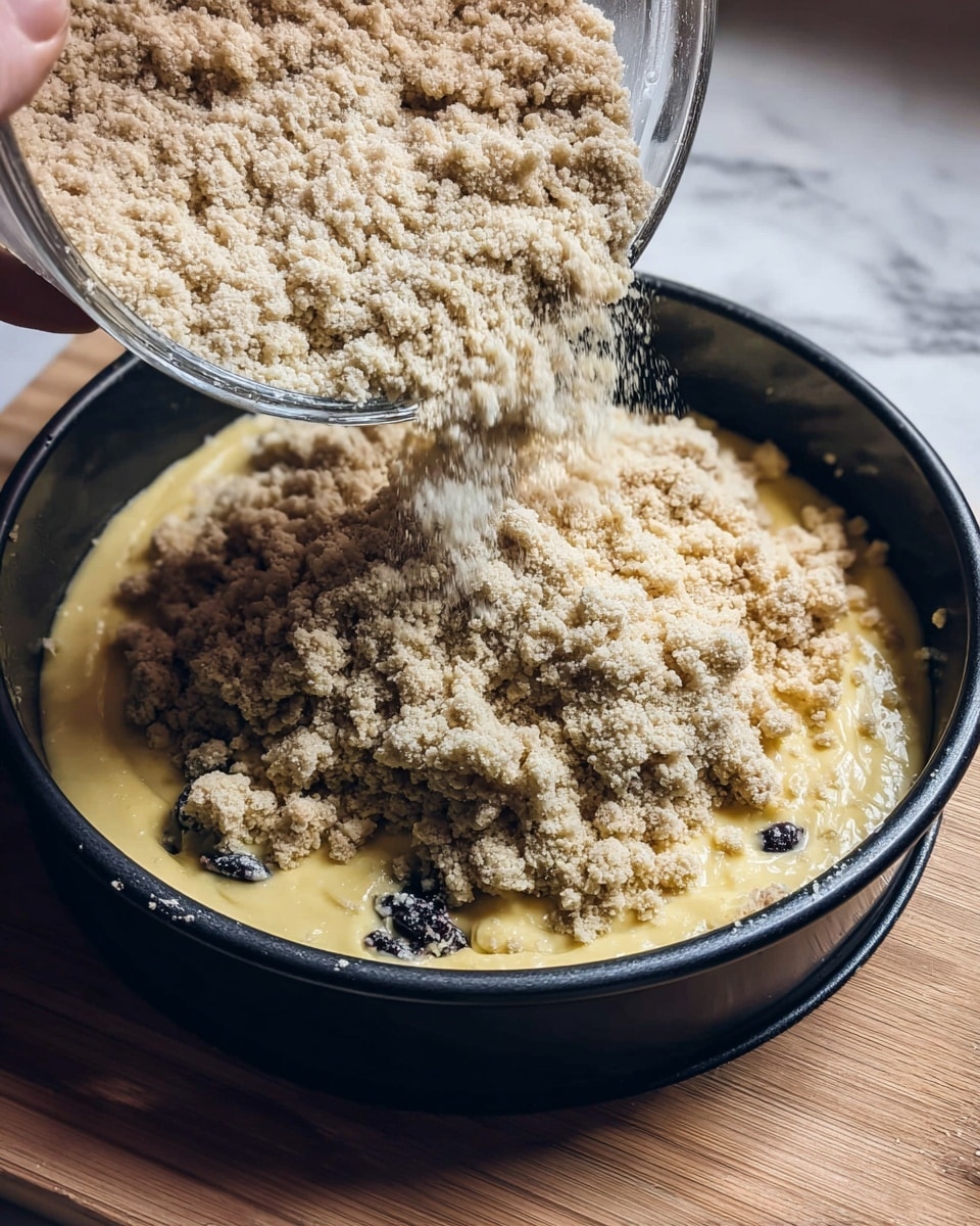 A close-up image of a black round baking dish showing two layers of a dessert being made, the bottom layer is a creamy yellow thick batter with some dark spots, likely berries, scattered inside it; the top layer is a crumbly beige topping being poured from a clear glass bowl onto the batter, covering it with a rough texture of small and medium-sized crumbs. The setting is on a wooden surface, though the background and surface should be imagined as white marbled texture. A woman's hand is holding the bowl from which the topping is falling. Photo taken with an iphone --ar 4:5 --v 7
