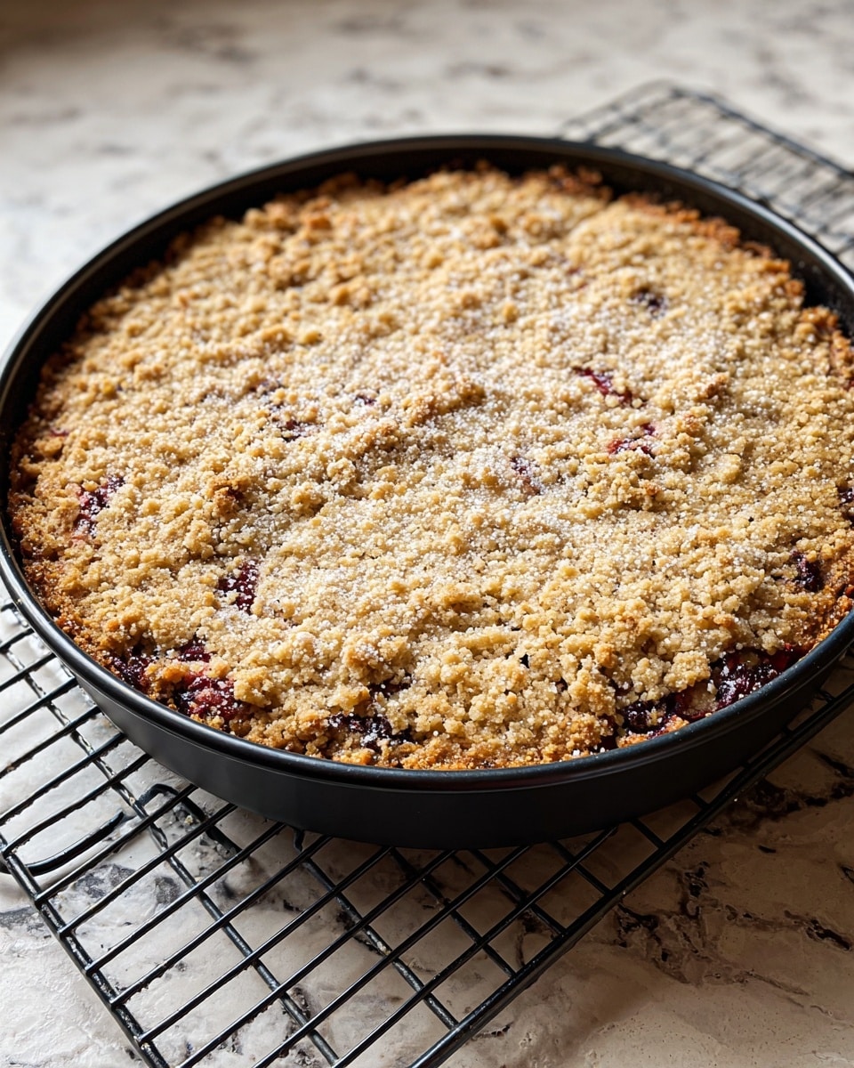A round baked crumble sits in a black pan on a black cooling rack over a white marbled surface. The crumble has a rough, uneven top layer covered with small golden crumbs and a light dusting of powdered sugar. Bits of dark red fruit peek through the crumbly top, adding contrast to the warm, tan color of the baked topping. The edges of the crumble are slightly raised and browned, showing texture that looks crisp and crunchy. photo taken with an iphone --ar 4:5 --v 7