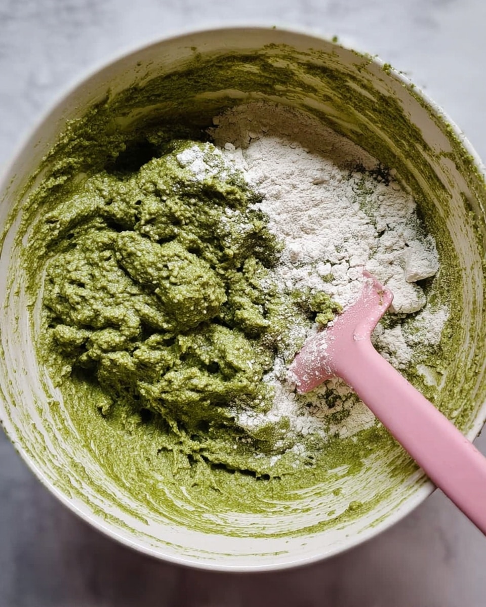 A white bowl filled with a thick green batter that has a rough, chunky texture. On top of the batter, there is a layer of dry white flour scattered unevenly. A pink spatula is partially buried in the mixture, lifting some of the green batter and dry flour together. The bowl shows smudges of green batter along its inside edges. The background is a white marbled surface. photo taken with an iphone --ar 4:5 --v 7