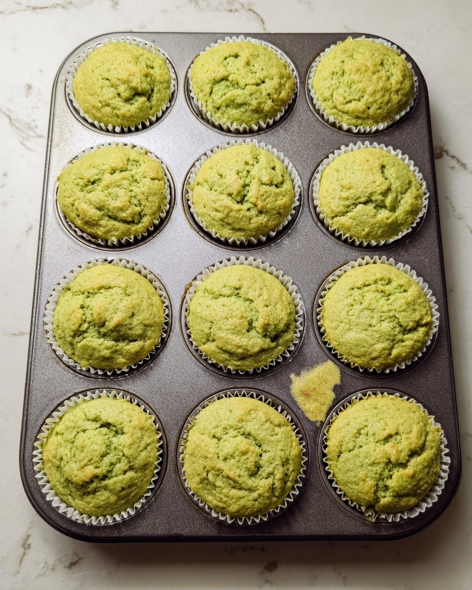 A metal muffin tray holds twelve green muffins in white paper liners, each muffin slightly domed and cracked on top with a soft texture and a light golden tint in some spots. The muffins have a consistent green color across all pieces suggesting an herb or vegetable base. The tray rests on a white marbled surface, which shows some minor stains and marks near the bottom right muffin. The muffins appear freshly baked and fluffy, filling each cup of the tray evenly. photo taken with an iphone --ar 4:5 --v 7
