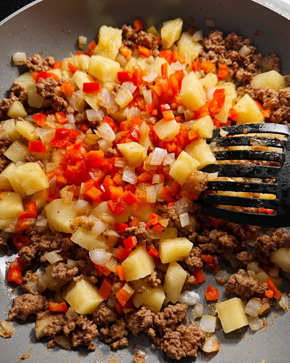 This image shows a close-up of a cooked dish in a grey pan filled with small, soft, browned chunks of ground meat mixed with three layers of diced vegetables. The bottom layer is pale yellow diced potatoes that have a slightly glossy, soft texture. On top and mixed through are bright orange-red diced bell peppers adding a pop of color. The top layer is finely chopped translucent white onions scattered evenly throughout the mix. A black slotted spatula is partially visible on the right side, lifting some of the mixture. The pan has a smooth, non-stick grey surface. The photo is taken with an iphone --ar 4:5 --v 7