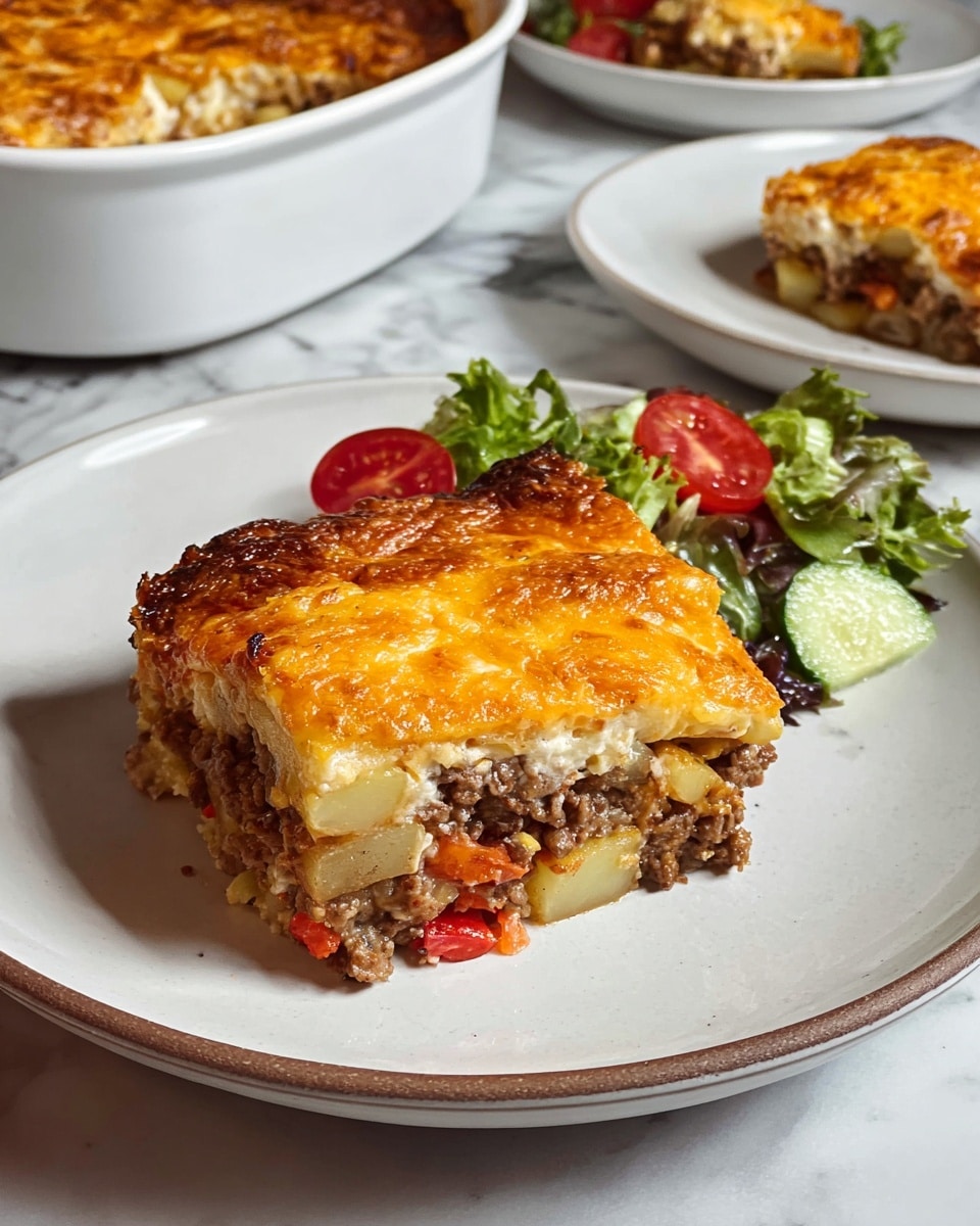 A rectangular white baking dish is filled with a baked casserole that has a thick and bubbly top layer of golden brown melted cheese. The cheese layer is uneven with some browned spots, showing crispy, slightly melted texture. Underneath the cheese, there are visible bits of dark brown cooked pieces, likely mushrooms or meat, mixed throughout the dish. The casserole looks rich and layered, baked to a crispy finish, and sits on a wooden surface with a white marbled background. Photo taken with an iphone --ar 4:5 --v 7