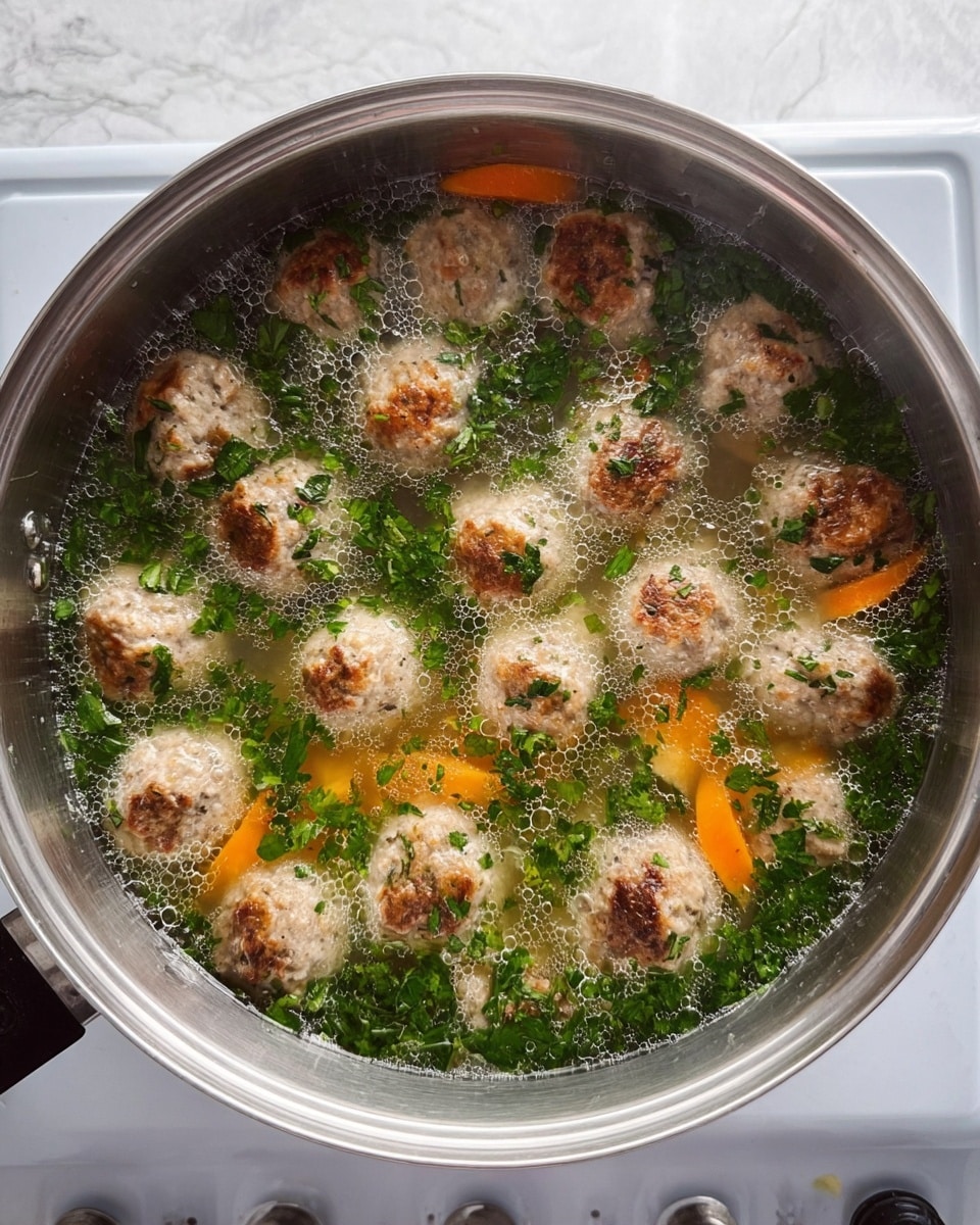 A shiny silver pot filled with clear broth holding around 16 light brown meatballs spread evenly inside. Slices of orange carrot float among the meatballs, while fresh chopped green herbs are sprinkled all over the top layer, adding a bright contrast. The pot is placed on a white stove, and the background shows a white marbled texture. The surface of the broth has small bubbles around the edges showing gentle cooking action photo taken with an iphone --ar 4:5 --v 7