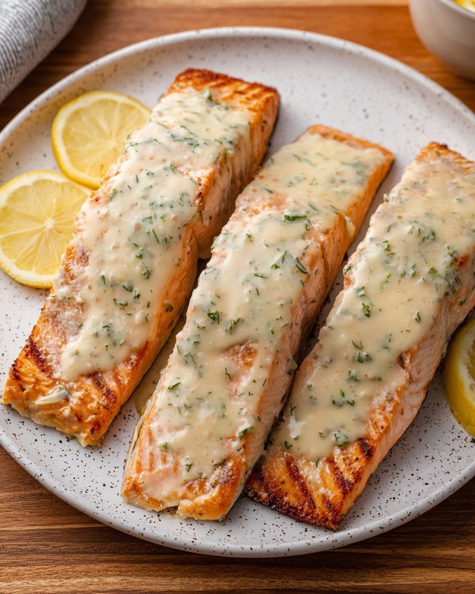 Three cooked salmon fillets are arranged side by side on a white speckled plate placed on a wooden table with a white marbled texture background. Each fillet is topped with a thick, creamy light beige sauce flecked with green herbs that cover the entire surface of the salmon. The salmon beneath is a light orange-pink color with slight browning on the edges and grill marks visible. Around the fillets, there are two lemon slices, one placed on the plate near the closest fillet and another tucked slightly under the middle fillet. Photo taken with an iphone --ar 4:5 --v 7