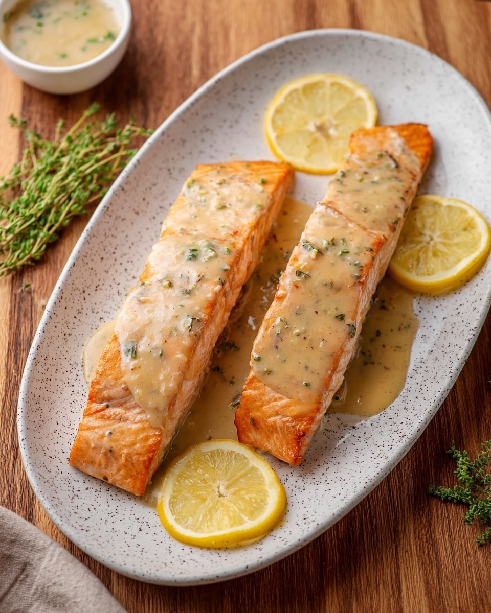 Three pieces of cooked salmon with a light brown sauce on top are placed side by side on a white speckled oval plate. Each salmon piece has a golden orange color on the edges under the sauce, which looks creamy with small herbs mixed in. There are three thin lemon slices positioned around the salmon, two on the plate and one partly on a salmon piece. The plate is set on a wooden table next to some green herbs and a small white sauce dish in the background. The photo taken with an iphone --ar 4:5 --v 7
