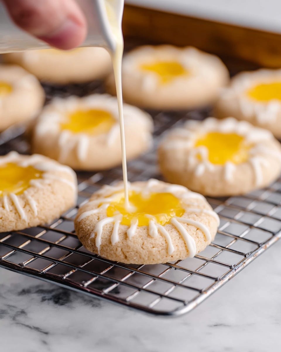 The image shows seven round cookies arranged on a silver metal cooling rack that rests on a white marbled surface. Each cookie has a light beige, slightly grainy texture forming the base layer. In the center of each cookie, there is a bright yellow, smooth dollop of jam or filling. A woman's hand is pouring white icing over one cookie in the foreground, creating thin, irregular lines that cross the yellow center and flow over the beige base. The background is slightly blurred to focus on the cookie being iced, and the edges of an oven tray with a brown finish are visible at the top of the image. photo taken with an iphone --ar 4:5 --v 7