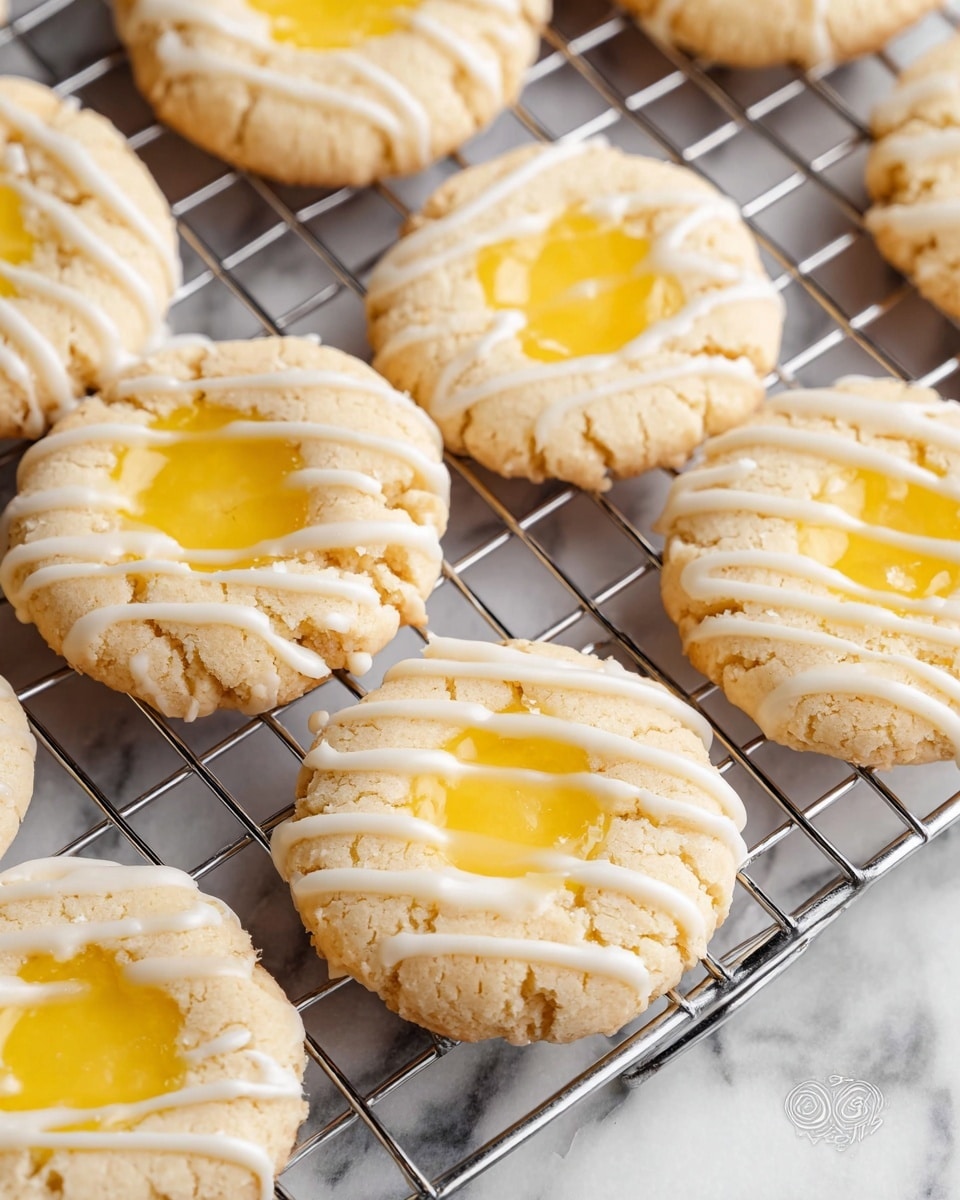 The image shows several round cookies placed on a wire rack with a white marbled surface below. Each cookie has a pale golden color and a soft, crumbly texture. In the center of each cookie is a smooth, bright yellow filling, surrounded by the cookie dough. Over the top, white icing is drizzled in uneven lines, adding contrast and detail. The arrangement of the cookies is neat but casual, with some cookies partially overlapping others. photo taken with an iphone --ar 4:5 --v 7