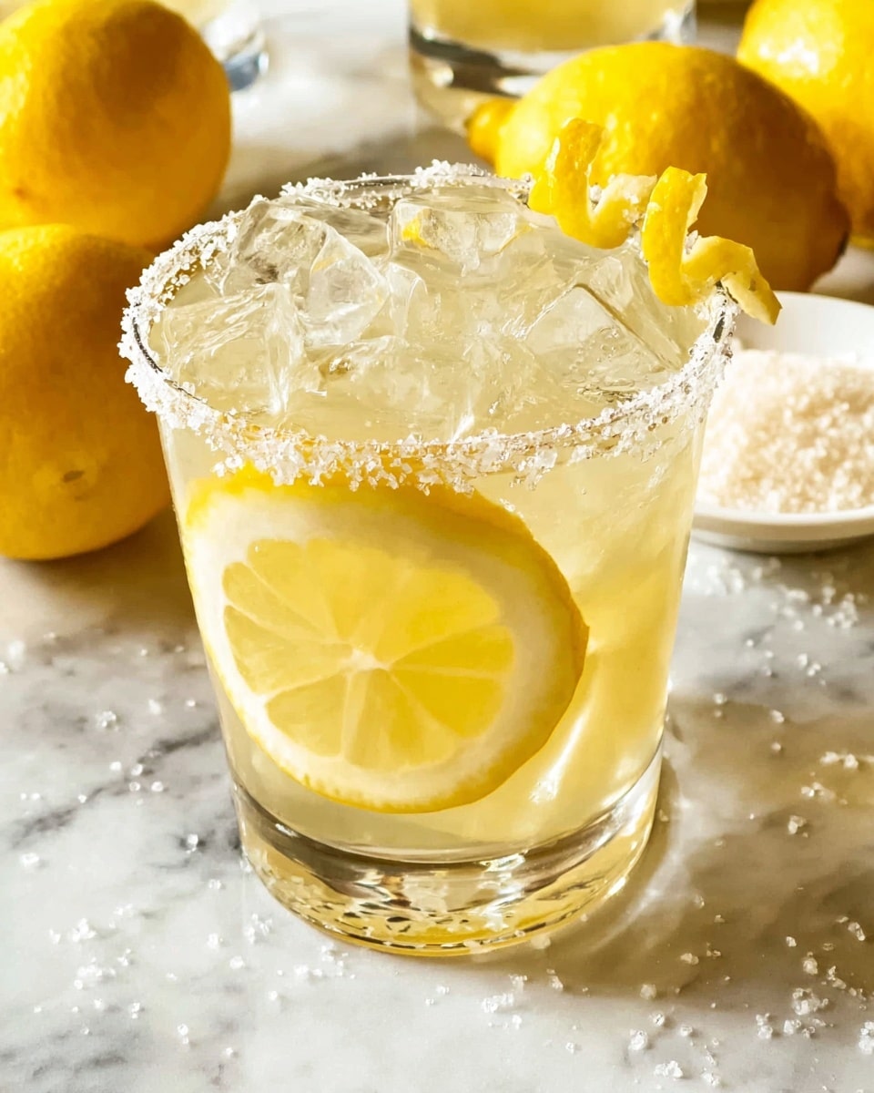 A clear glass with a salted rim is filled with large ice cubes and a light yellow liquid. Inside the glass, a thin, round lemon slice rests against the inner side. A metal shaker pours the liquid into the glass from the right side. Around the glass, there are whole lemons inside a clear container and lemon slices placed on a white marbled surface. In the background, a small white plate holds a light yellow spread or paste. The scene uses soft and natural light, showing fresh and bright colors. photo taken with an iphone --ar 4:5 --v 7