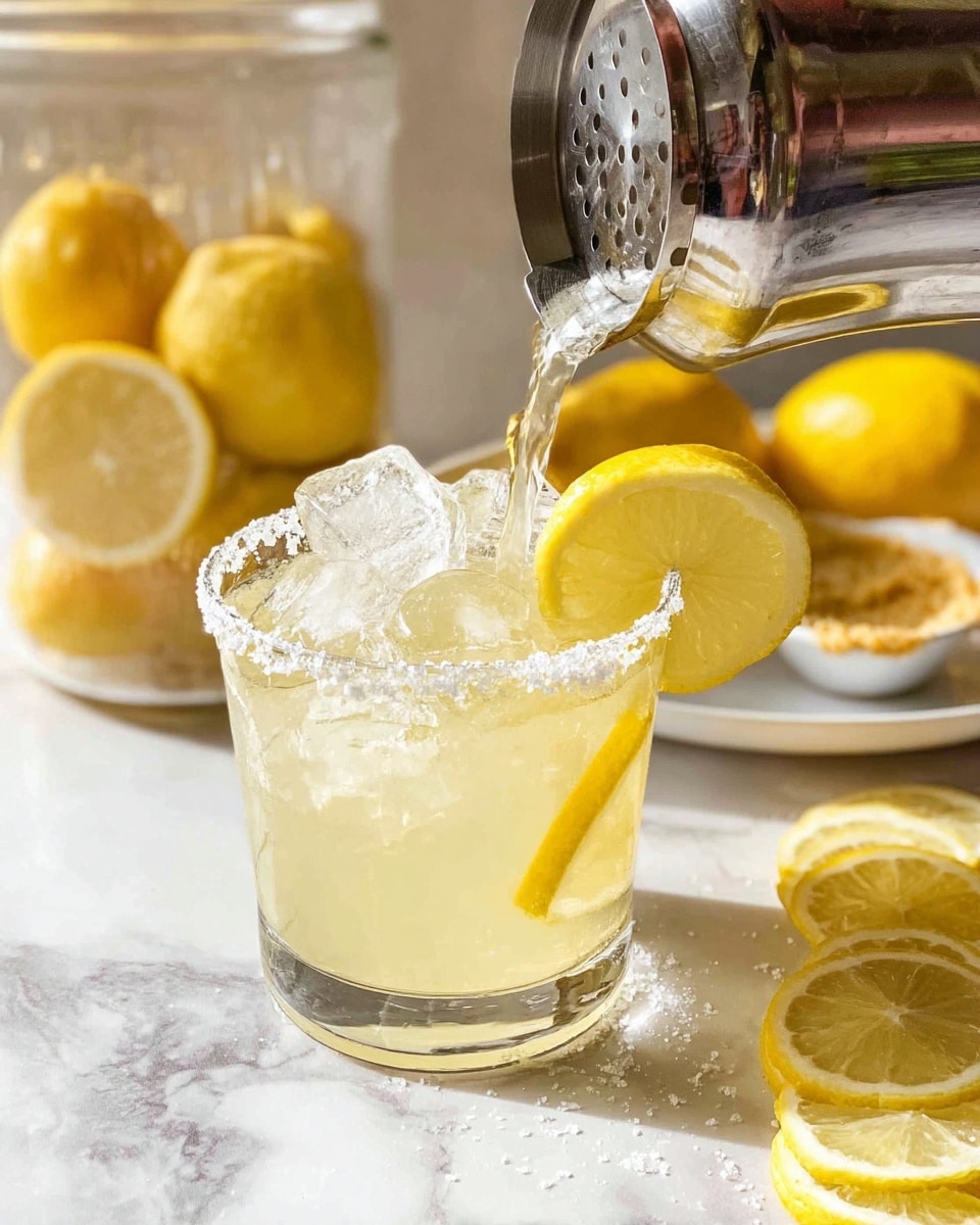 A clear glass tumbler filled with light yellow liquid layered with large clear ice cubes. Inside the glass, a thin round lemon slice rests near the center, showing its bright yellow and white rind. The rim of the glass is coated with coarse white salt that sticks unevenly around the edge. On top of the glass, a twist of bright yellow lemon peel curls, adding a pop of color. In the background, there are whole lemons and a small white bowl filled with salt on a white marbled surface. The photo taken with an iphone --ar 4:5 --v 7