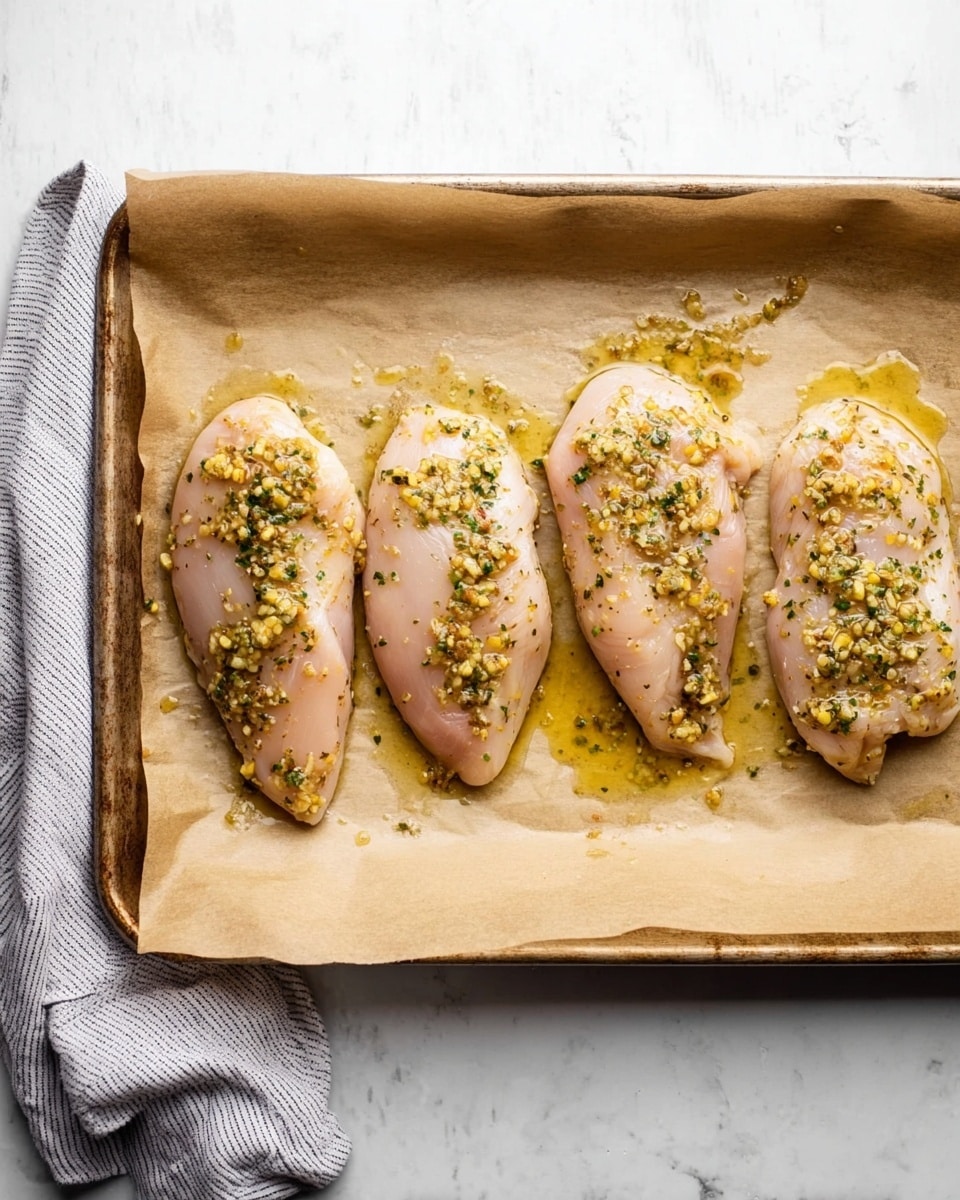 A baking tray lined with light brown parchment paper holds four raw chicken breasts, each coated with a marinade of small bits of herbs and garlic that have a light yellow and green color. The chicken breasts are pale pink and placed in a row from left to right with marinade pooling slightly under and around them. The tray rests on a white marbled surface, and a grey and white striped cloth is on the left side near the tray. photo taken with an iphone --ar 4:5 --v 7