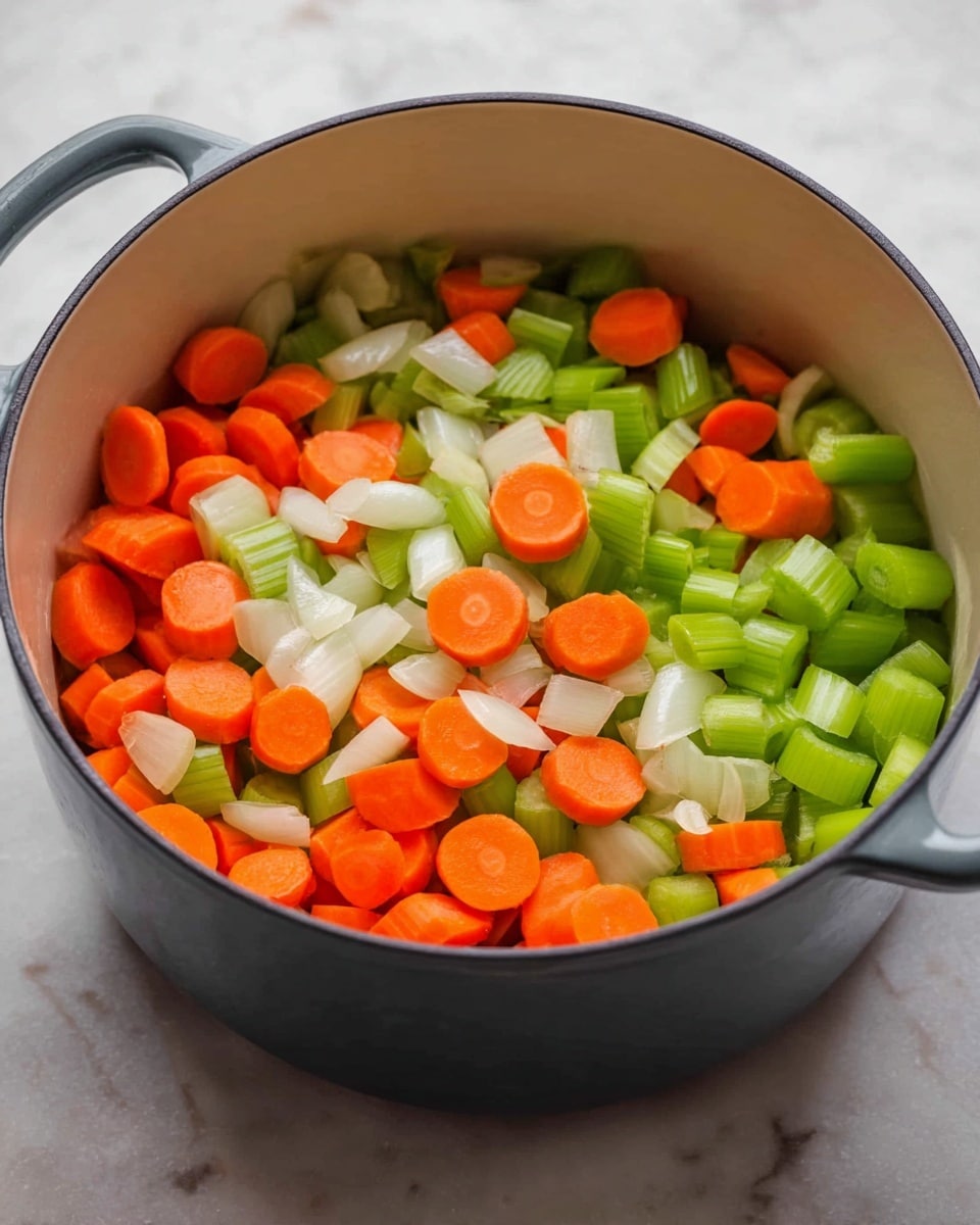 A gray pot sits on a white marbled surface filled with three layers of chopped vegetables. The bottom layer has bright green celery pieces in curved shapes, the middle layer is bright orange round carrot slices, and the top layer has translucent white onion pieces with a slightly shiny texture. The vegetables are mixed but still show their separate colors clearly, giving a fresh and colorful look photo taken with an iphone --ar 4:5 --v 7