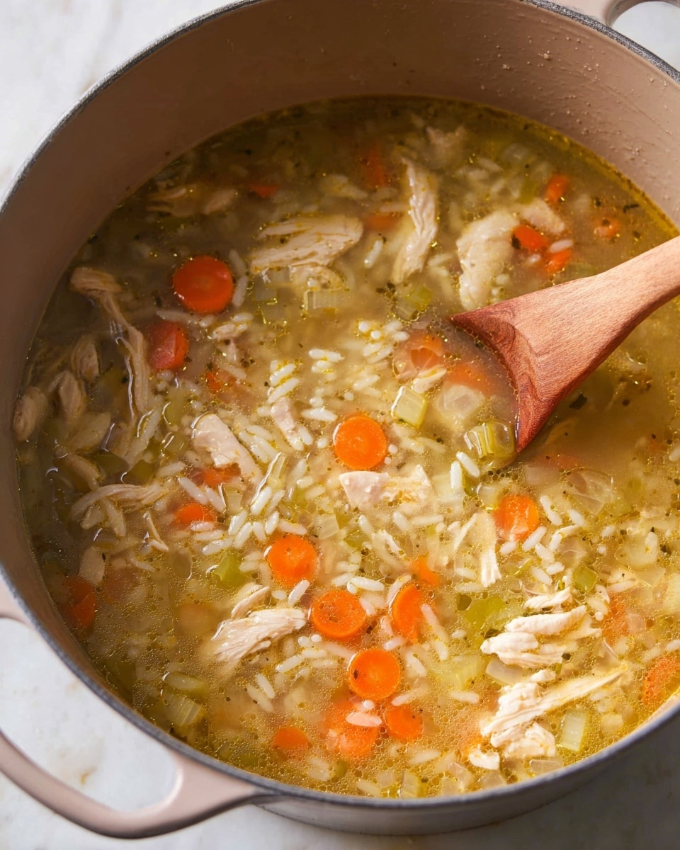 A close-up view of a pot filled with chicken soup, showing a stew-like mixture with pieces of cooked white chicken meat scattered throughout. There are several thin rounds of bright orange carrots, small bits of translucent onions, and sliced green celery visible in the light golden-brown broth. Small cooked grains of white rice add texture, floating evenly among the ingredients. A wooden spoon with a smooth, light brown handle is stirring the soup from the right side of the pot. The pot itself is light gray inside, and the image is set against a white marbled texture. Photo taken with an iphone --ar 4:5 --v 7