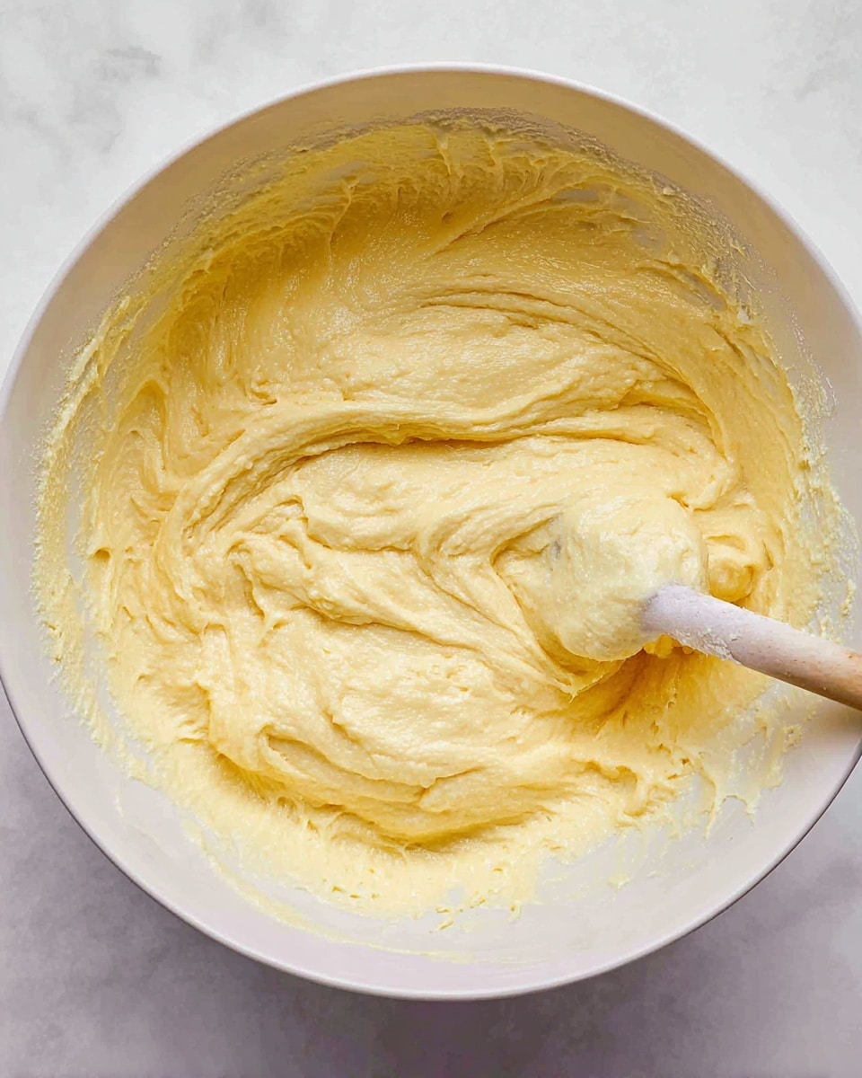 A close-up image of a white ceramic mixing bowl filled with thick, pale yellow batter that has a soft, creamy texture with visible air bubbles and smooth folds. A wooden spoon with a light brown handle rests inside the bowl, partially covered by the batter. The bowl is placed on a white marbled surface, enhancing the warm yellow color of the batter. The image shows a dense, rich mixture ready for baking photo taken with an iphone --ar 4:5 --v 7