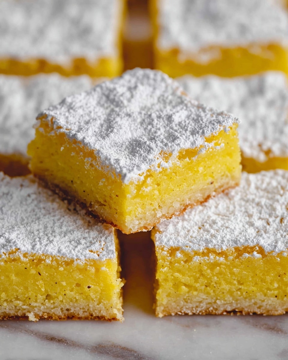 This image shows several square lemon bars arranged close together on a white marbled surface. Each lemon bar has two layers: the bottom layer is thick, dense, and yellow with a slightly rough texture, while the top layer is a thin dusting of white powdered sugar that covers each bar evenly. One lemon bar is stacked slightly tilted on top of another in the center, highlighting the bright yellow inside and the powdered sugar on top. The edges of the bars are clean and straight, and the powdered sugar contrasts clearly with the vibrant yellow layer beneath. Photo taken with an iphone --ar 4:5 --v 7