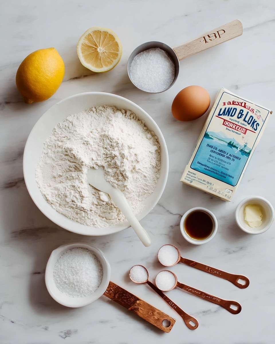 The image shows a white bowl filled with white flour with a white spoon resting on top of it, placed on a white marbled surface. Above the bowl are various ingredients including a half lemon with a pale yellow inside, a metal scoop filled with white sugar, a wooden spoon labeled