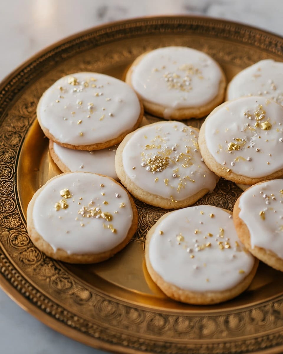 A round golden tray holds nine round sugar cookies with smooth white icing spread evenly on top. Each cookie is decorated with small, shiny gold and white sugar crystals scattered on the icing. The cookies are light brown with a soft texture visible at the edges. The tray's detailed metalwork contrasts with the simple cookies, and the background is a white marbled surface. photo taken with an iphone --ar 4:5 --v 7