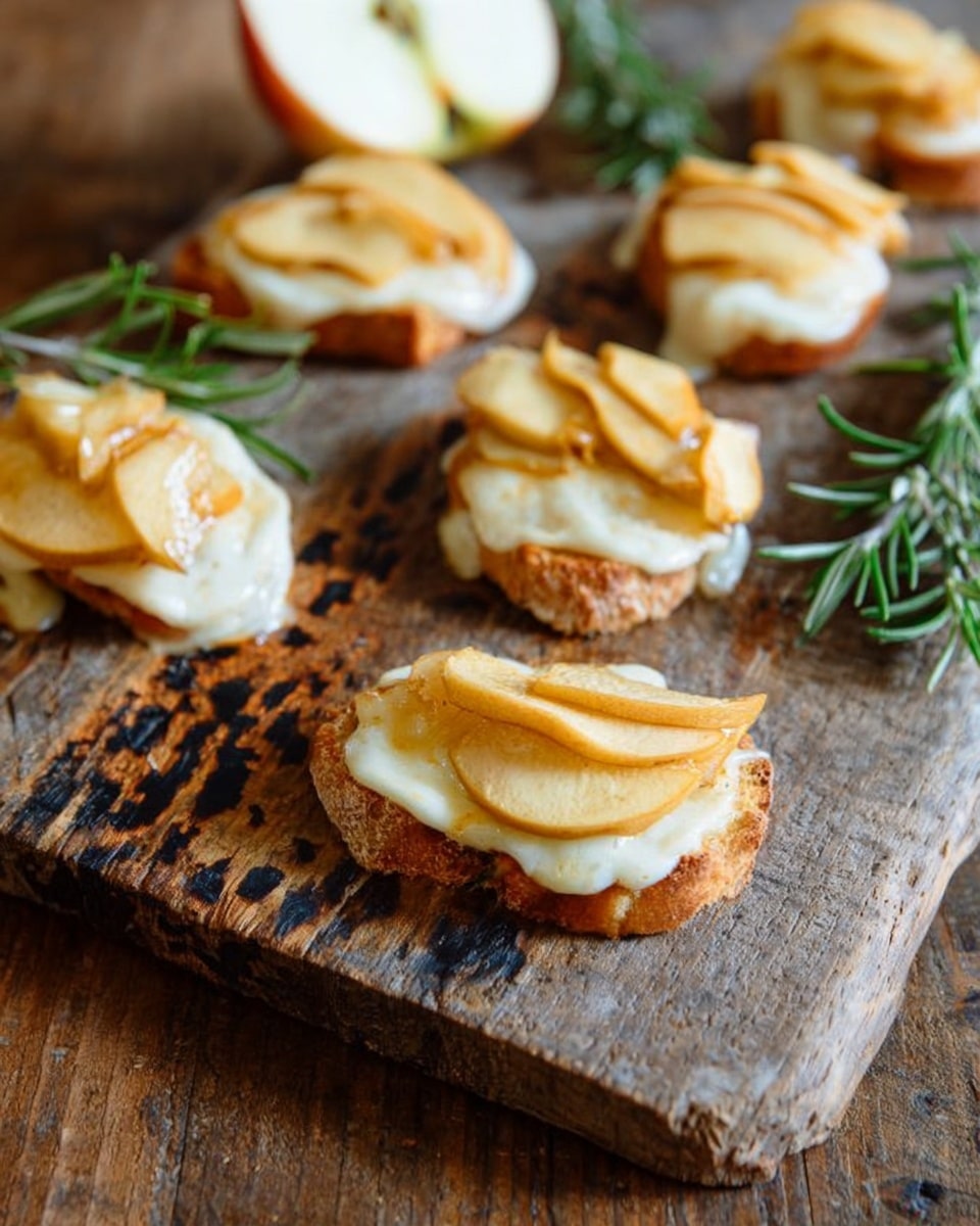The image shows several small toasted bread slices arranged on a rough wooden board with visible grain and dark marks. Each bread slice has three layers: a base layer of golden-brown toasted bread, a middle layer of white creamy cheese melted slightly, and a top layer of thinly sliced cooked apple pieces that are light golden with some glossy sheen. Toward the back, a halved apple and green sprigs of rosemary lie on the wooden surface. The overall look is warm and rustic, with the textures of the crispy bread, smooth cheese, and soft apple pieces clearly visible. Photo taken with an iphone --ar 4:5 --v 7