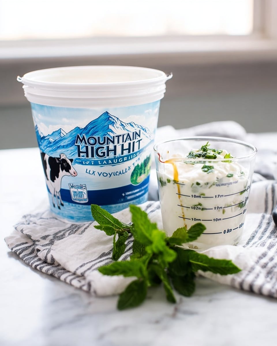 The image shows a white plastic container of Mountain High Lowfat Vanilla Yogurt with blue and white mountain graphics and a black and white cow on the front. Next to it is a clear glass measuring cup with black measurement markings filled about halfway with white yogurt, topped with green chopped herbs and a drizzle of light brown liquid. In front of the cup is a fresh green mint sprig. Everything is placed on a white cloth with gray stripes, set on a white marbled surface, with soft natural light and a blurred background. Photo taken with an iphone --ar 4:5 --v 7